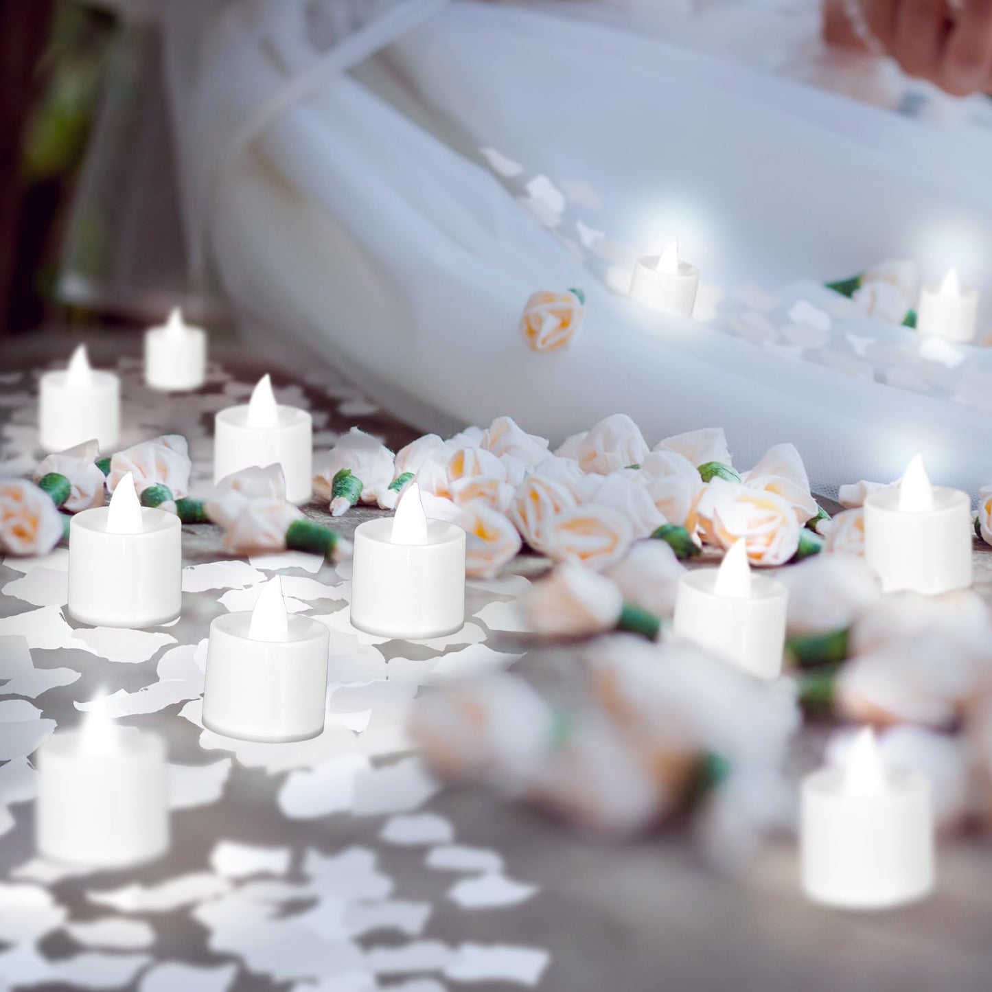 Coume 6000 Pcs Artificial Rose Petals with 72 Pcs Flameless LED Candles Romantic Decorations Fake Candles Anniversary Decorations for Valentine's Day Wedding Night(White)