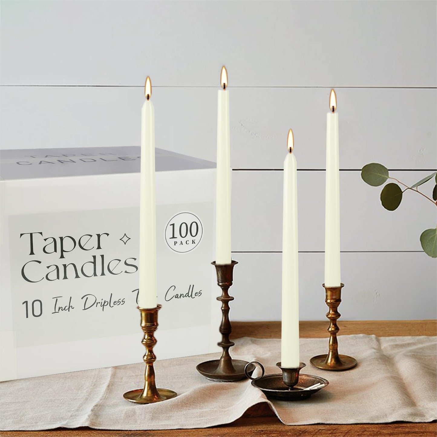YOROXRG 100Pack Ivory Taper Candles, 7-8 Hours Burn Time, Unscented, Smokeless and Dripless, 0.75 x 10 Inch Dinner Candle Set for Household, Wedding, Party and Home Décor Candlesticks