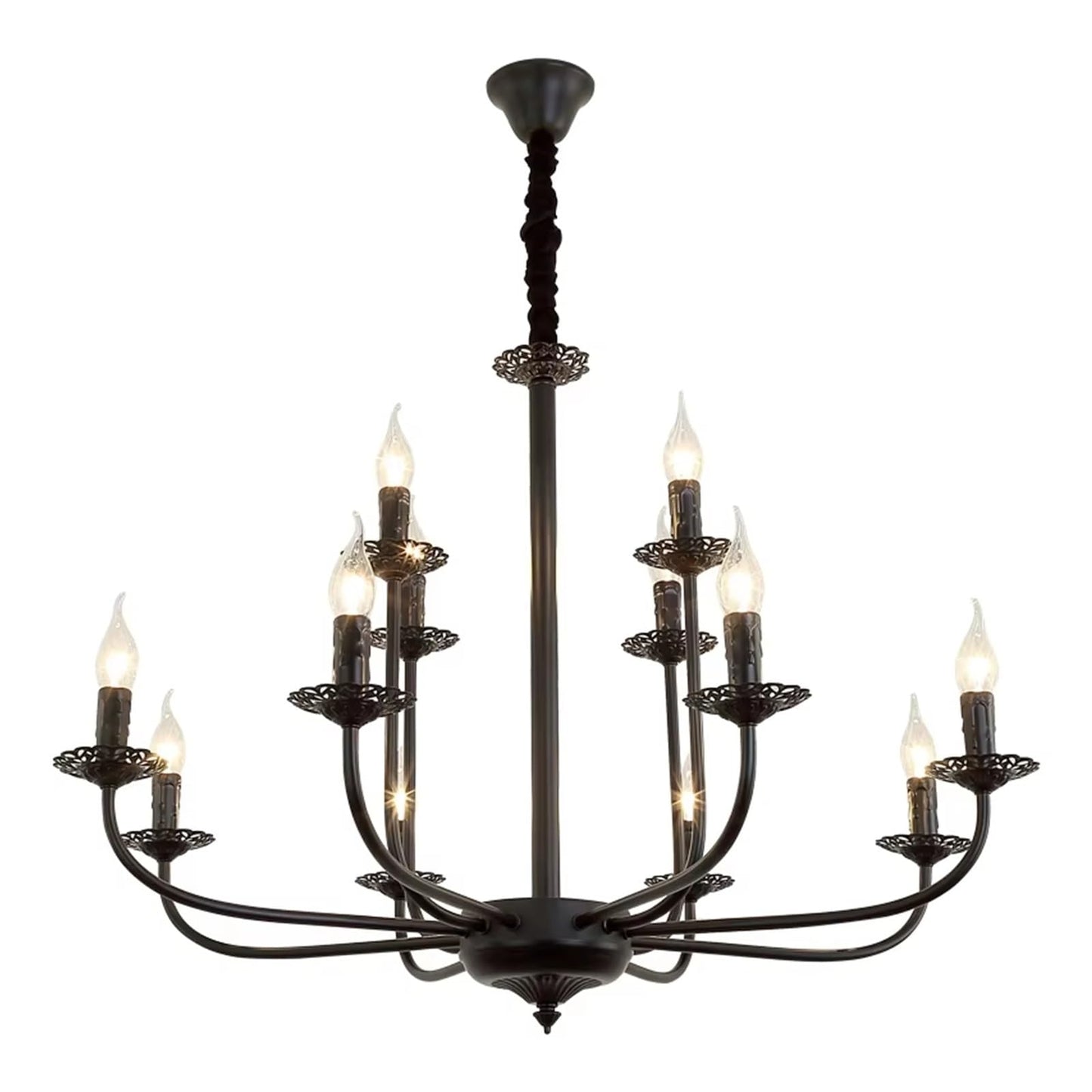 Wrought Iron Chandelier Candle Light Black Metal Lighting Fixture for Living Room Foyer Art Hanging Pendant Lamp,Luxury Style