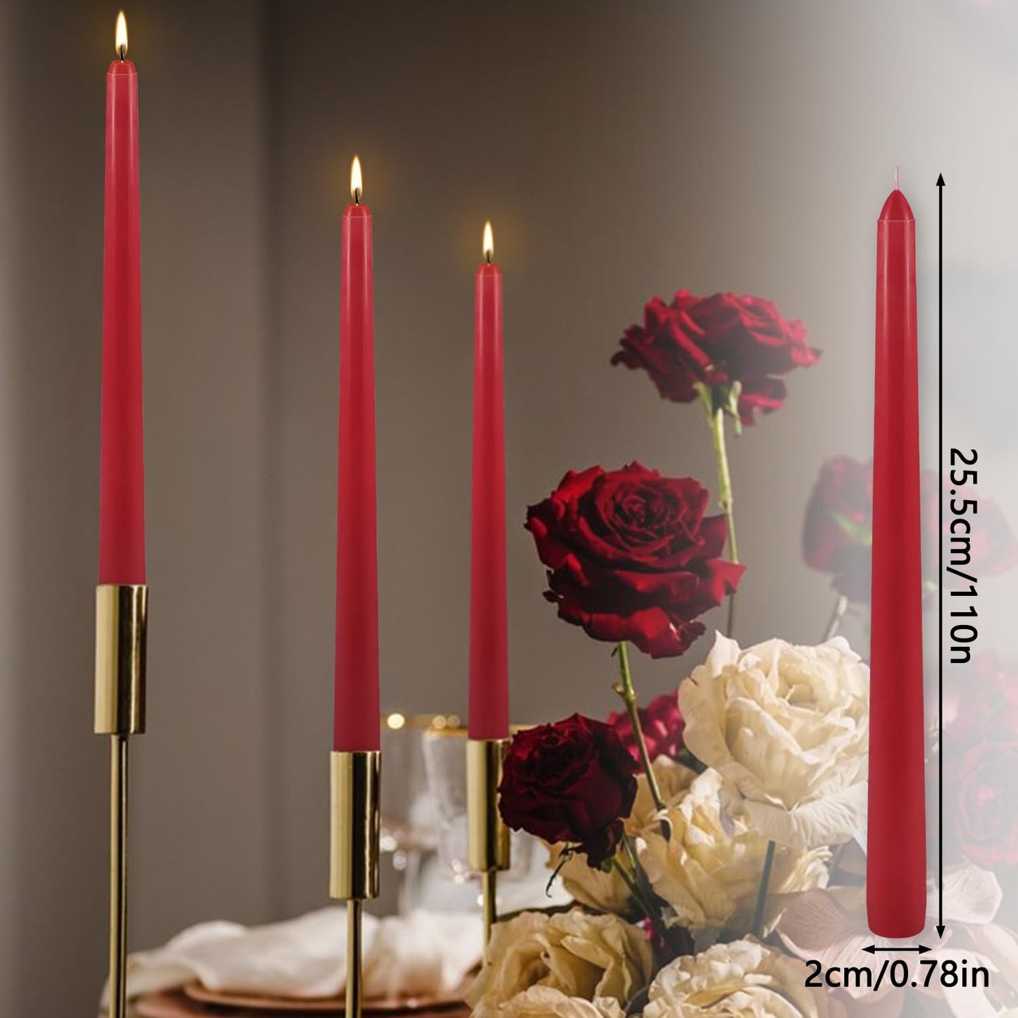 24Pack Red Taper Candles-10 Inch Dripless, Unscented Dinner Candle- Smokeless and Dripless, Long Burning time, Paraffin Wax with Cotton Wicks for Home Décor,Christmas, Wedding, Party,Candlesticks
