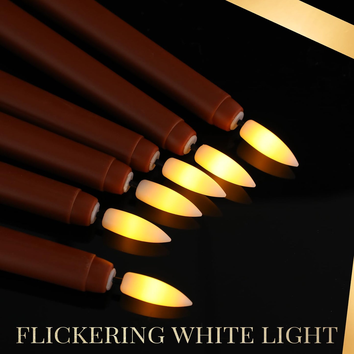 Macarrie 24 Packs Flameless Taper Candles Battery Operated Fake 11 Inch Long Candlelight LED Flameless Candlesticks Flickering Tapered for Spring Summer Wedding(Brown)
