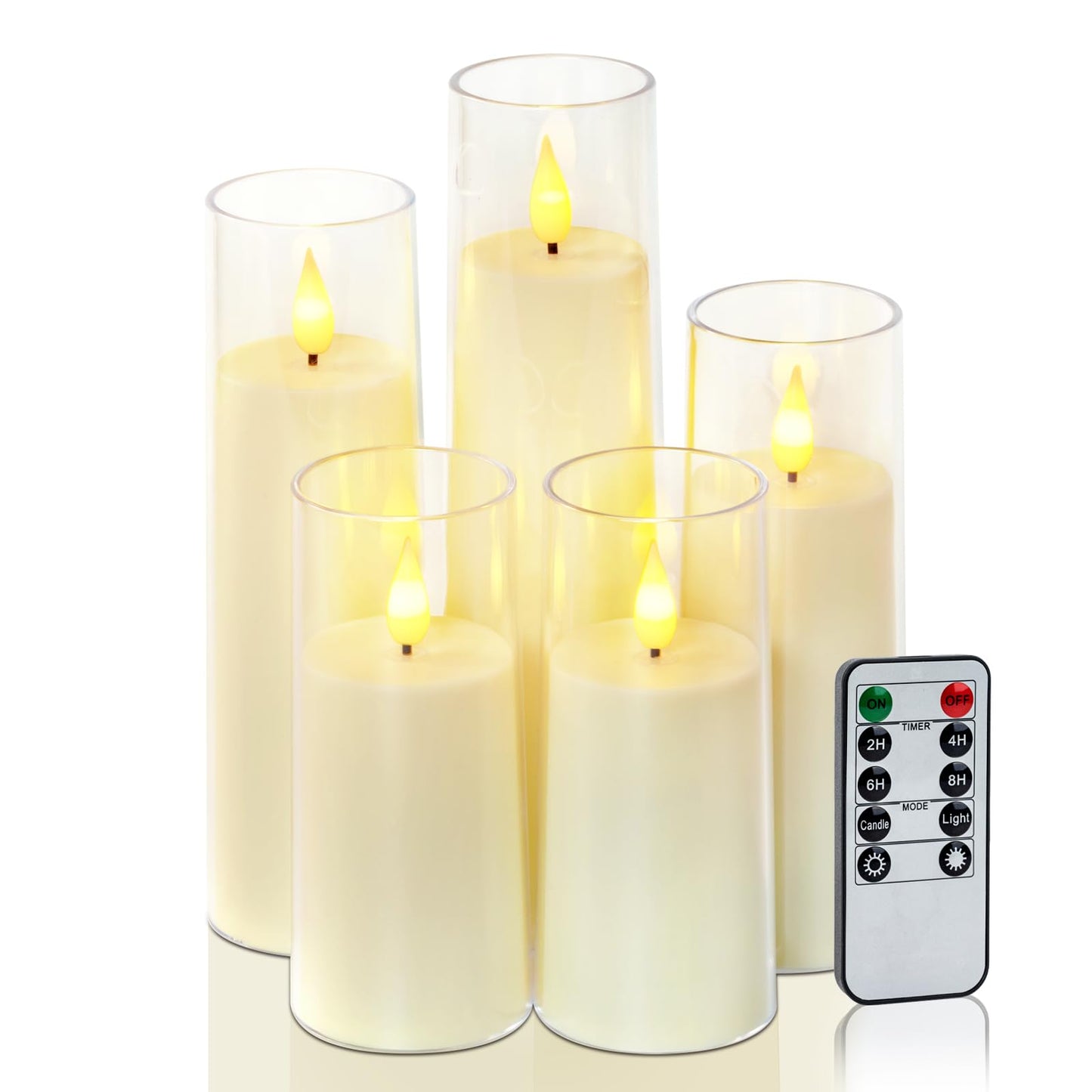 Amagic Flameless Candles Battery Operated, LED Candles with Remote and Timer, Acrylic Plexiglass Flickering Fake Candle for Wedding, Home Decor, Ivory White, Set of 5, D2.2 x H5 5" 6" 7" 8"