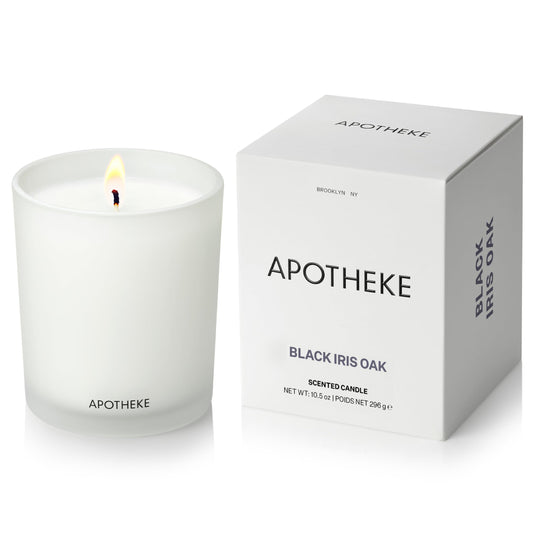 Apotheke Signature Scented Candles for Home, Black Iris Oak - 10.5 oz - Soy Wax, Non Toxic, Large Jar White - Luxury Candle Gifts for Women & Men - Black Pepper, Cinnamon, Musk, and Violet