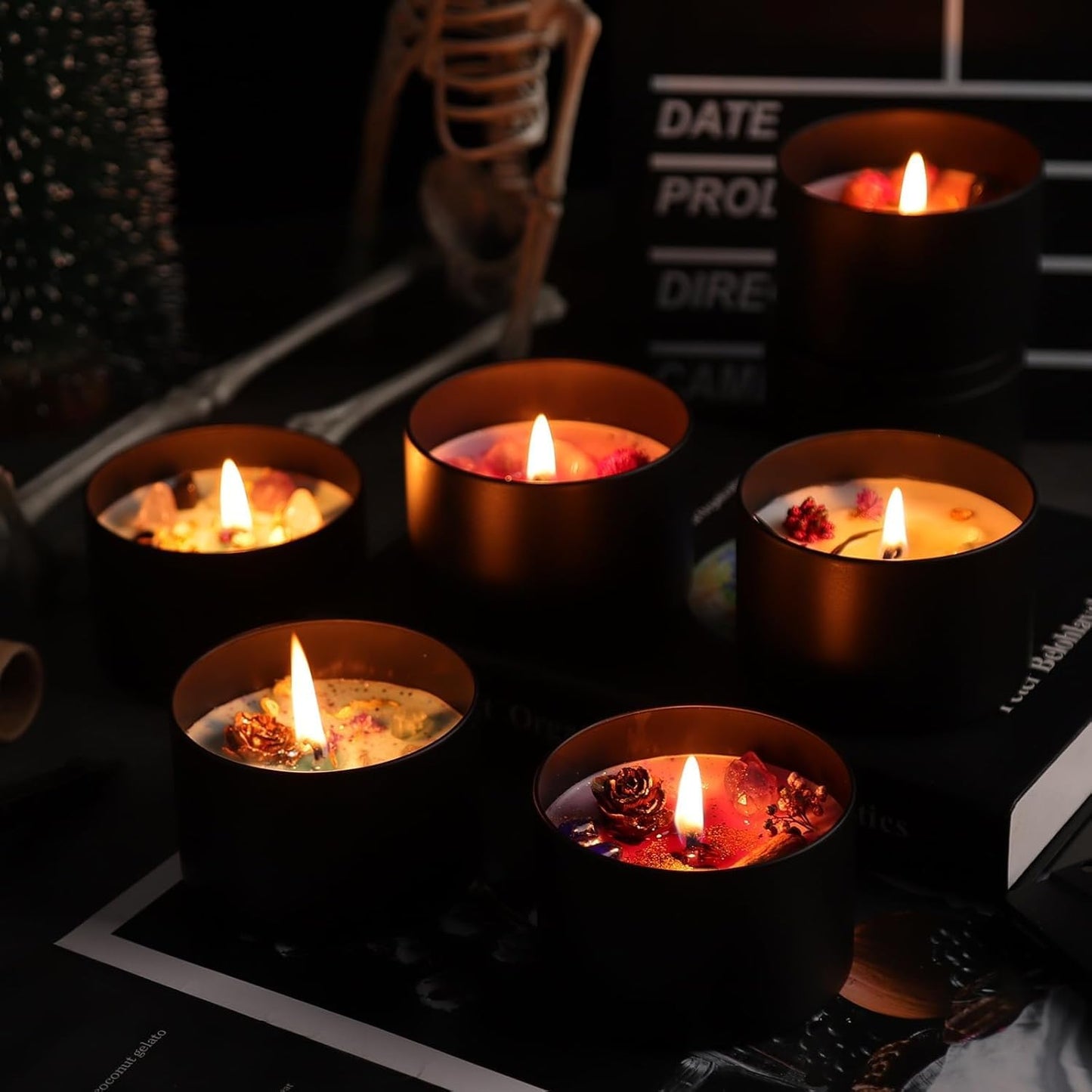 YJHSS 12-Pack Candle Jars, 8oz Candle Tins with Metal Wood-Grain Printing Lids, Empty Metal Candle Jars for Making Candles Bulk Candle Containers -Black