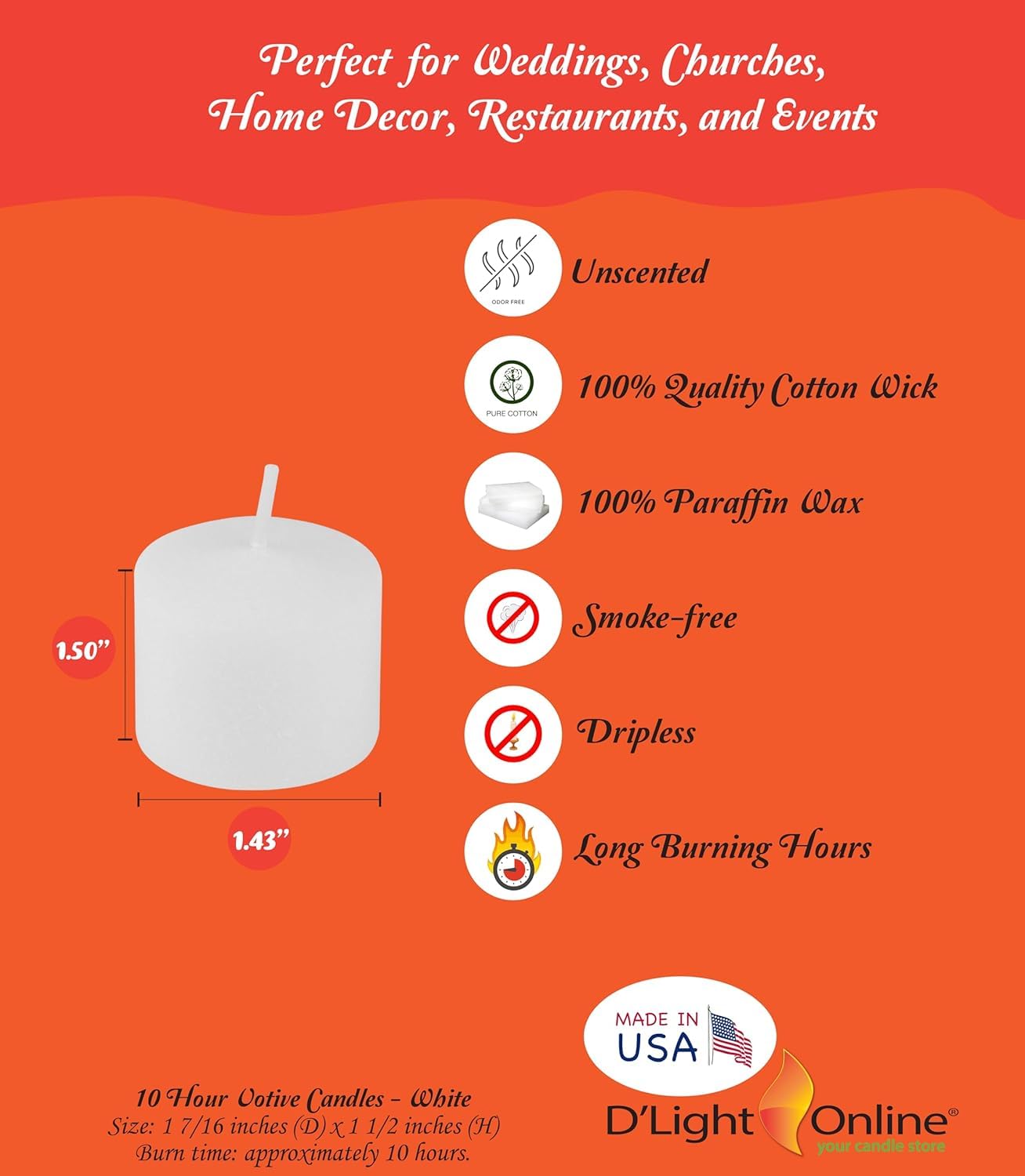 D'light Online Long 10 Hour Burn Time Unscented White Votive Candles - Small Candles for Birthdays, Home Decoration, Restaurants, Synagogues, Churches and Weddings (White, 10 Hour - Set of 288)