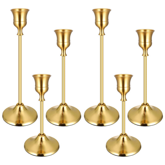 6PCS Brass Gold Taper Candle Holders Set, Vintage Metal Candlestick Holders for Table Centerpiece, Wedding Reception, Festive Christmas Mantel Decoration
