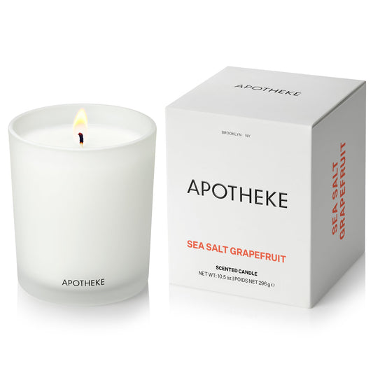 Apotheke Signature Scented Candles for Home, Sea Salt Grapefruit - 10.5 oz - Soy Wax, Non Toxic, Large Jar White - Luxury Candle Gifts for Women & Men - Pepper, Dew Drops, and Tarragon