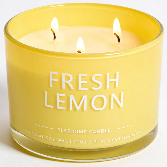 Fresh Lemon Scented Candle, Luxury Large 3 Wick Soy Candle 12 Oz, 60+ Hour Long Lasting Clean Burn, Elegant Aromatherapy Home Decor, Housewarming & Birthday Gift for Men & Women