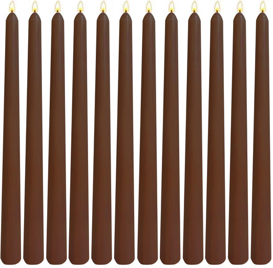 12-Pack Brown Taper Candles, 10 Inch Unscented Dripless Candlesticks, Long-Lasting Burn Time of 7-8 Hours, Perfect for Home Décor Dinner Party Meditation