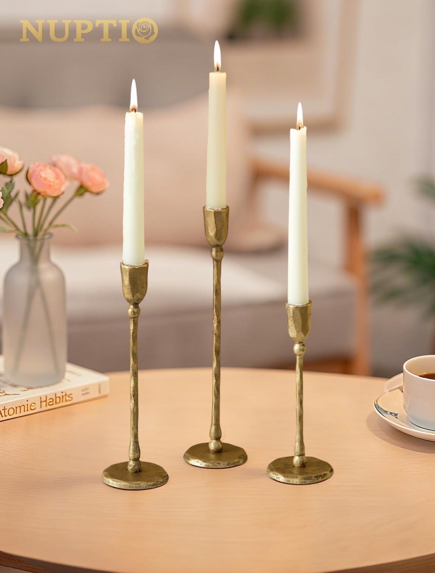 NUPTIO Iron Taper Candle Holders: Antique Brass Candlestick Holder for Thanksgiving Christmas Party - Set of 3 Tall Gold Candles Stick Decor for Fireplace Table Centerpiece
