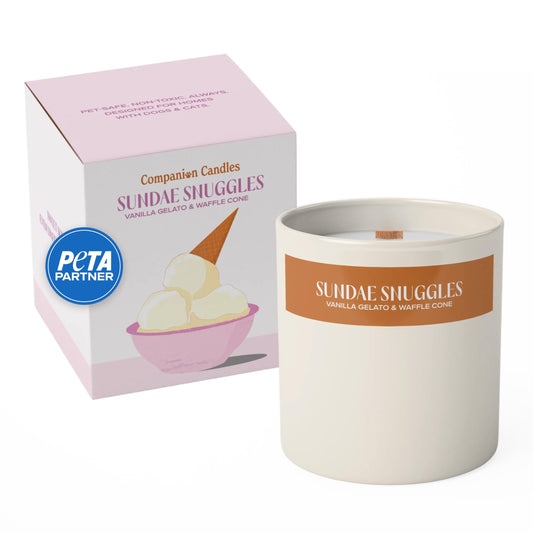 Companion Candles Sundae Snuggles Pet-Friendly Scented Candle – Vanilla Gelato & Waffle Cone Fragrance - Coconut Soy Wax Candle with Wooden Wick, Approx. 50-Hour Burn Time, Made in USA, 8 oz