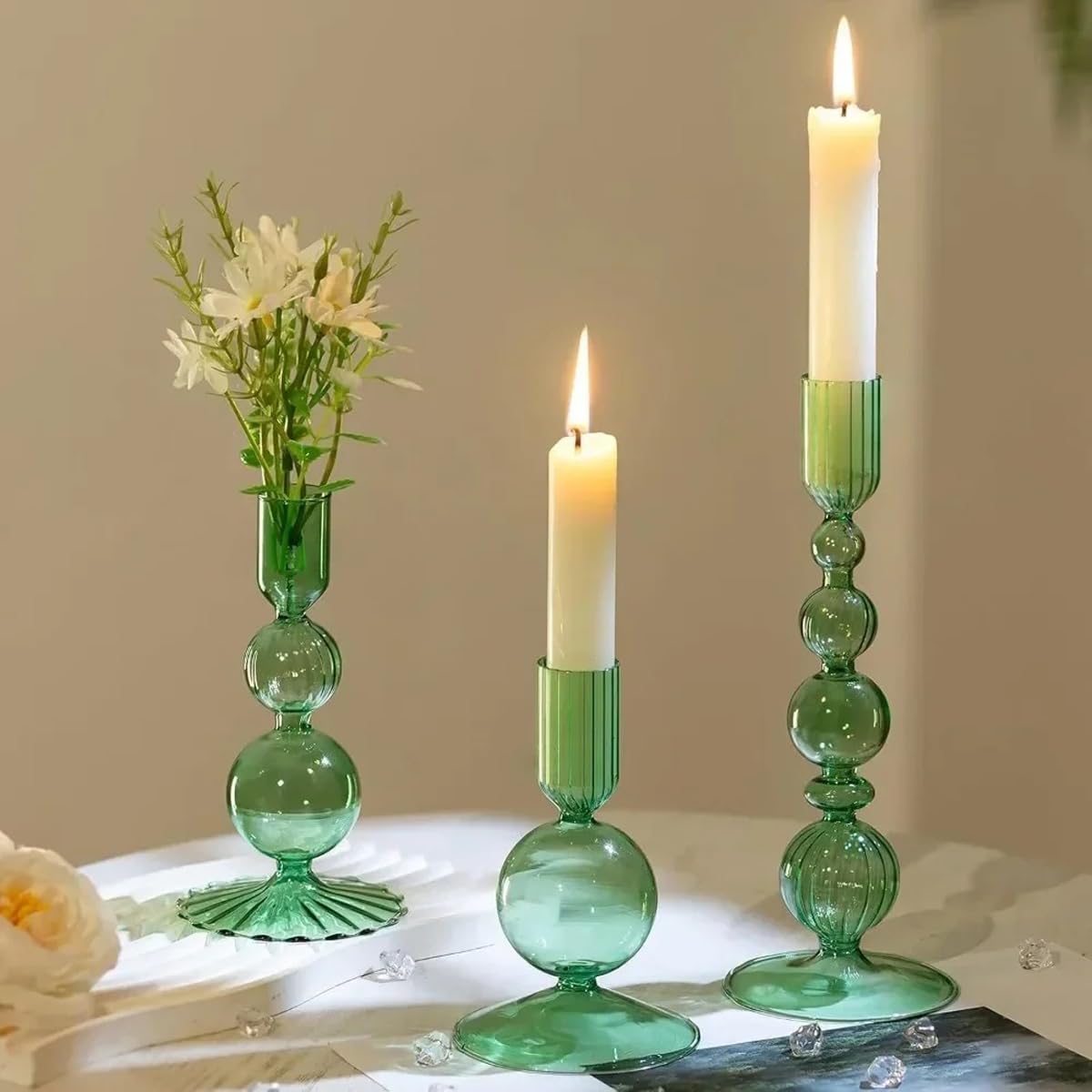 Mineaud 3Pcs Glass Candlestick Holders Glass Taper Candle Holders Groovy Wavy Elegant Candle Stick for Home Party Decoration,Green