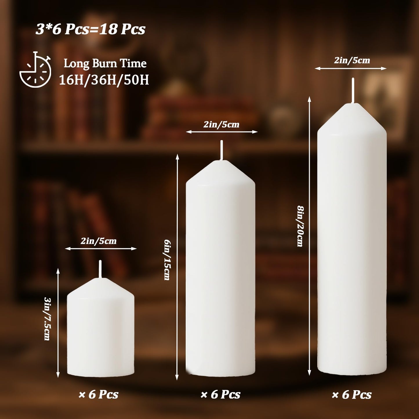 Trxvxo White Pillar Candles Bulk Set of 18，Hurricane Candles，3 Different Lengths 2 x 3/6/8 Inch (6 Each)，Dripless Unscented Smokeless，Gives You a Better Atmosphere When Organizing an Event Party.