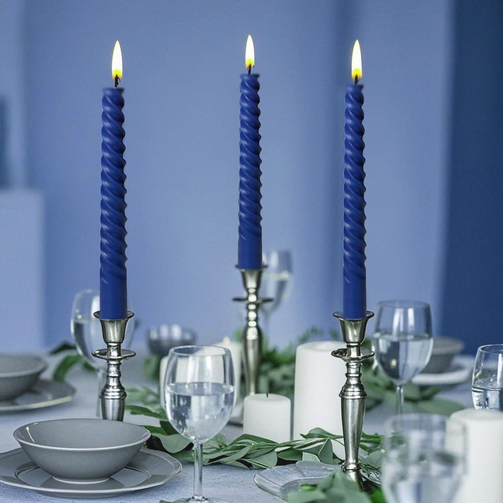 8 Pack 10 Inch Navy-Blue Spiral Taper Candle Set, 7/8 Inch Unscented Driples Candlesticks for Home Decoration, 6-7 Hours Burn