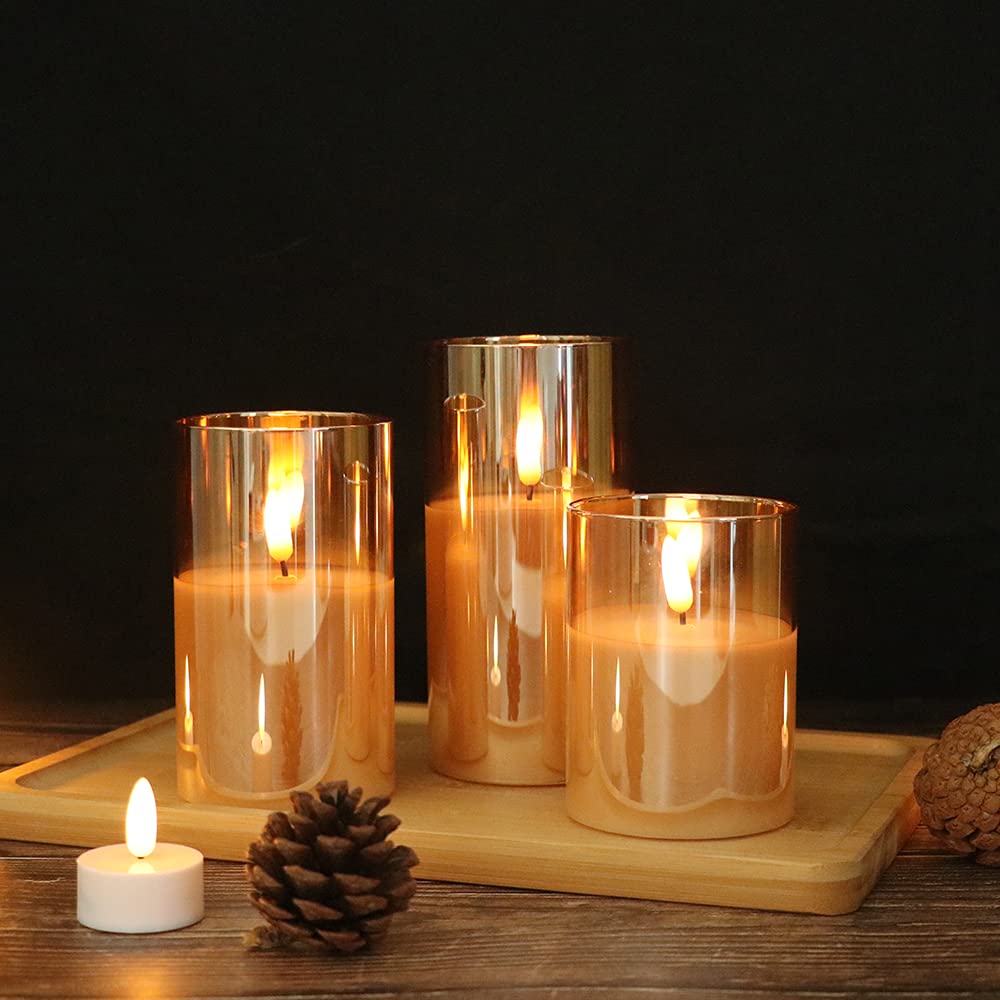 GenSwin Glass Flameless Candles Battery Operated with Remote Timer, LED FLameless Flickering 3D Wick Pillar Candles Real Wax for Festival Wedding Christmas Home Party Decor(Gold, Pack of 3)