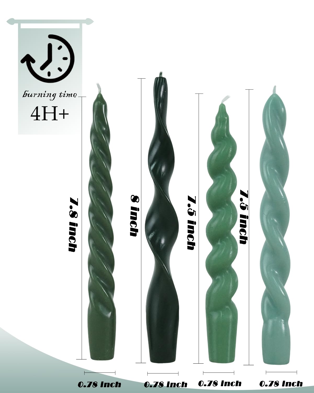 Green Spiral Taper Candles Short Candle Sticks Unscented Smokeless Twisted Candlesticks for Christmas Table Decor Holiday Dinner Party-7.5inch-4pack