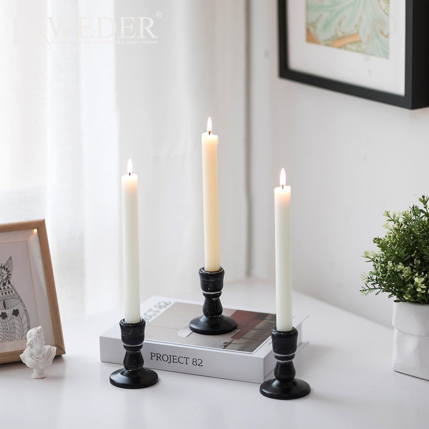 Inweder Wooden Taper Candle Holders: Wood Candlestick Holders Rustic Black Farmhouse Fall Decor for Halloween Living Room Dinning Table Centerpiece Christmas Set of 2