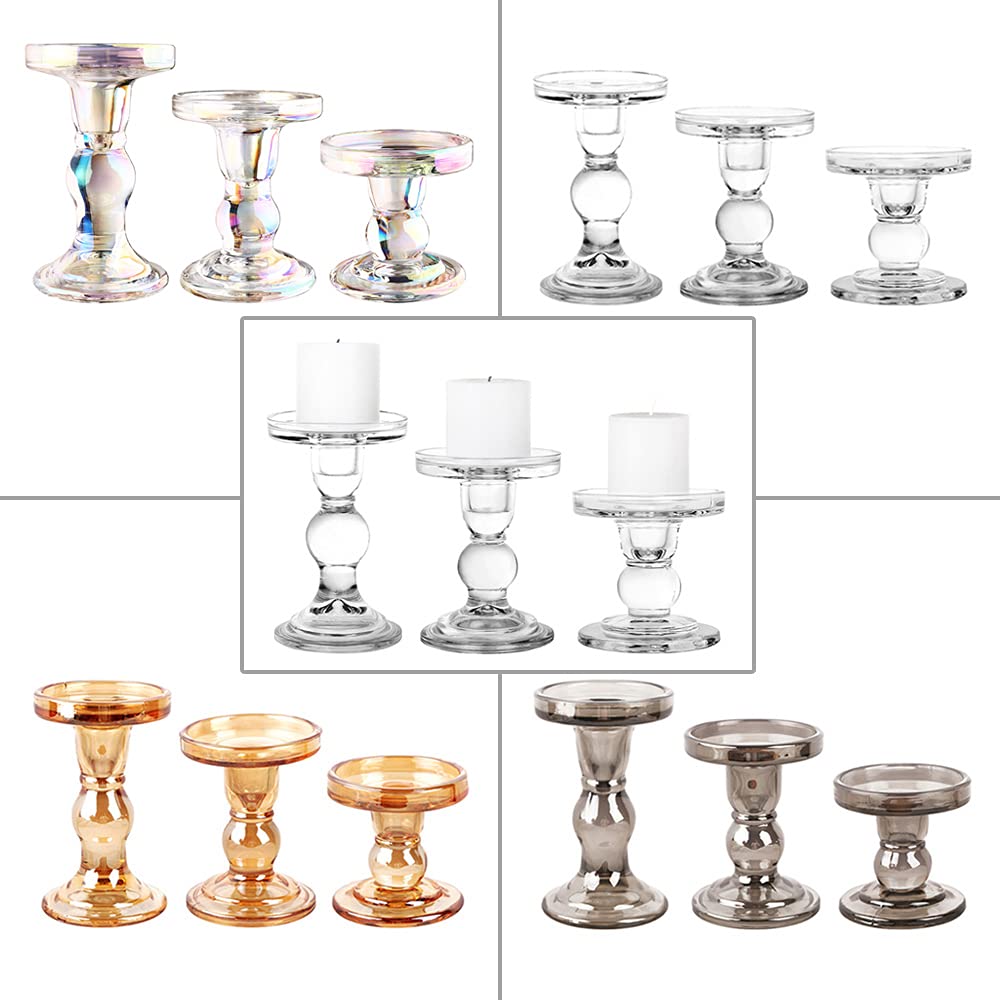 BTGLLAS 3-Piece Set of Glass Candlestick, Crystal Candlestick Holder Holder and Conical Candle, Christmas Candle Holder Decoration, Family Living Room Wedding Candle Holder (7 Colour)