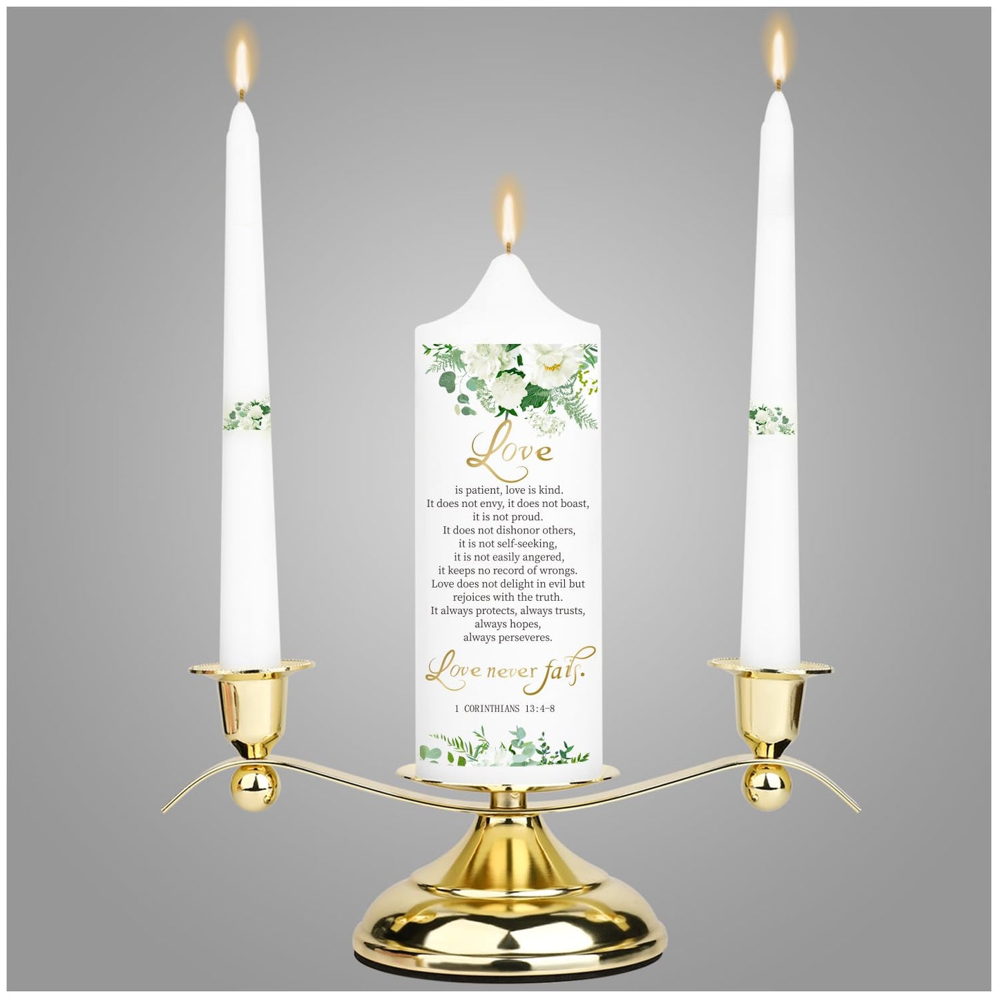 3 Unity Floral Candles for Wedding Ceremony Set with Golden Holder, Wedding Accessories for Reception