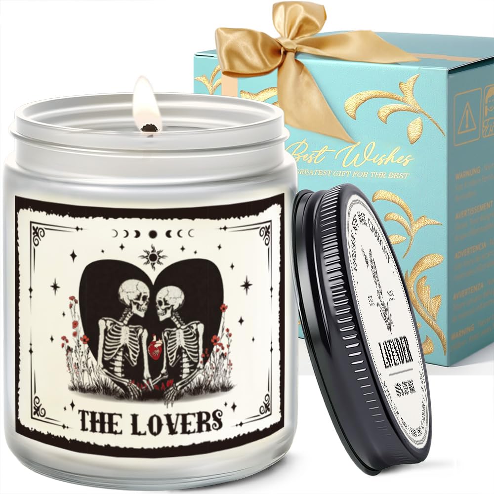 Spooky Candle The Lover Valentine Gifts for Men Women, Valentines Skeleton Gifts for Women & Men, Tarot Skull Candle, Gothic Couple Scented Lavender Candles 9OZ