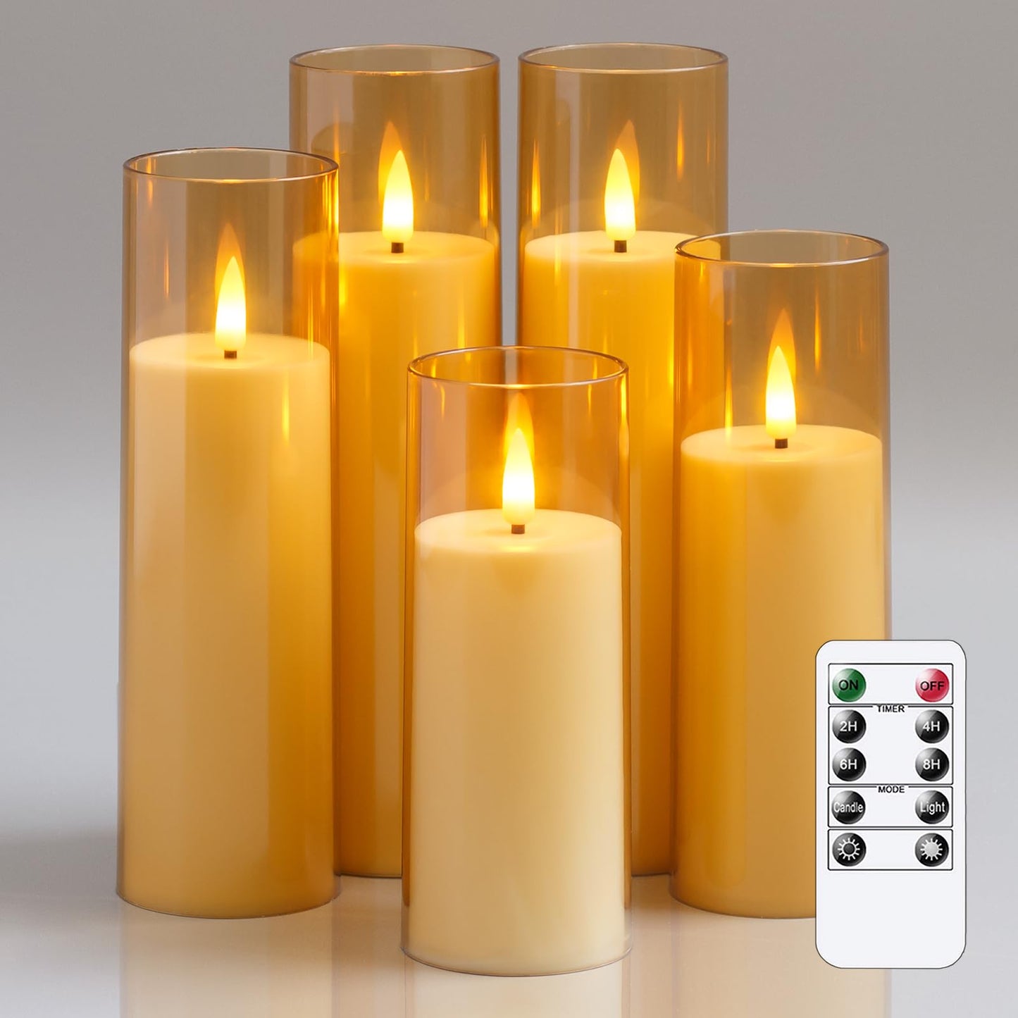 Yeelida Acrylic Flameless Flickering Candles with Remote Control and Timer, Battery Operated LED Fake 2.2" x 5",6",7",8",8" Plastic Pillar Candles for Home Decor(Long-Lasting, Gold)