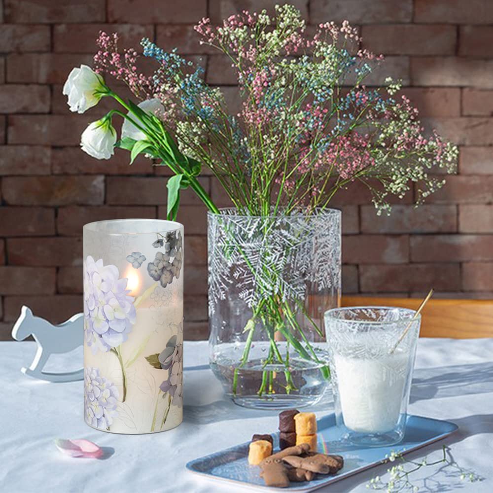 DRomance Rechargeable Hydrangea Glass Flameless Candles with Remote Timer Battery Operated LED Flickering Pillar Candles Real Wax Spring Dinner Christmas Holiday Decor D3 x H4, 5", 6"
