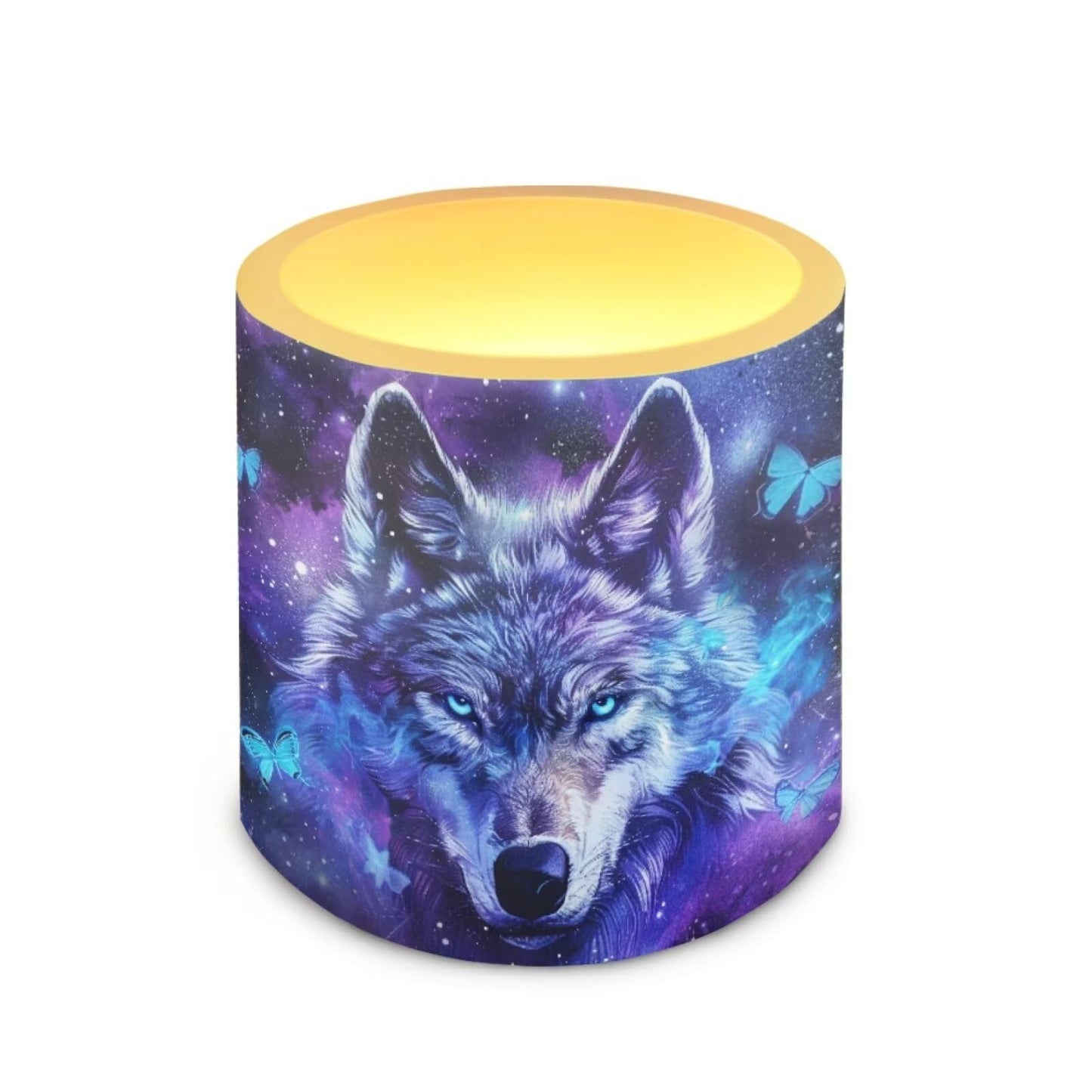 NETILGEN Flameless Candles with Remote Control Timer LED Pillar Candles Set of 4 Battery Operated Candles for Home Living Room Decor Blue Galaxy Wolf Print