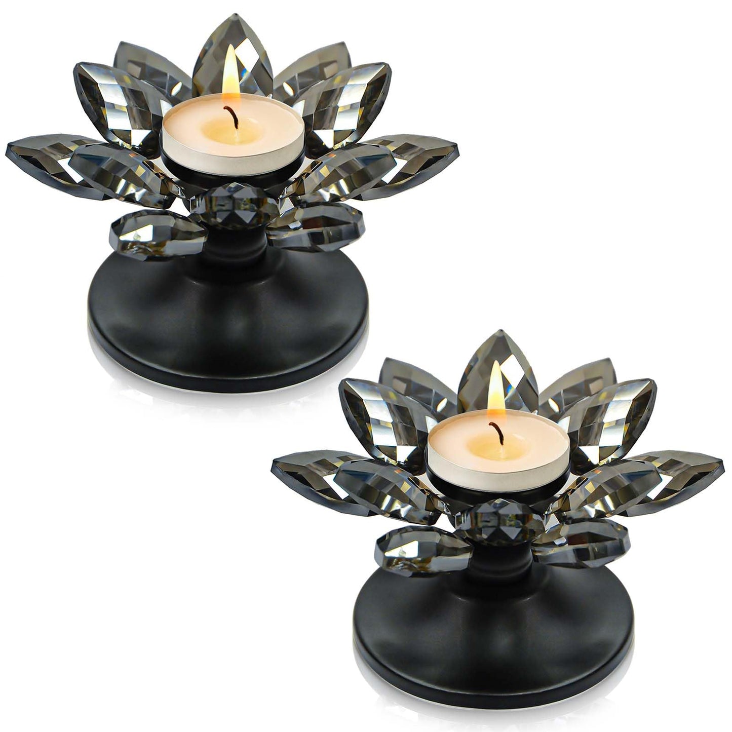2 PCS Black Crystal Flower Tea Light Holder, Glass Tealight Candlestick with Metal Base, Votive Candle for Table Centerpiece, Wedding/Parties Decor, Nice Gift