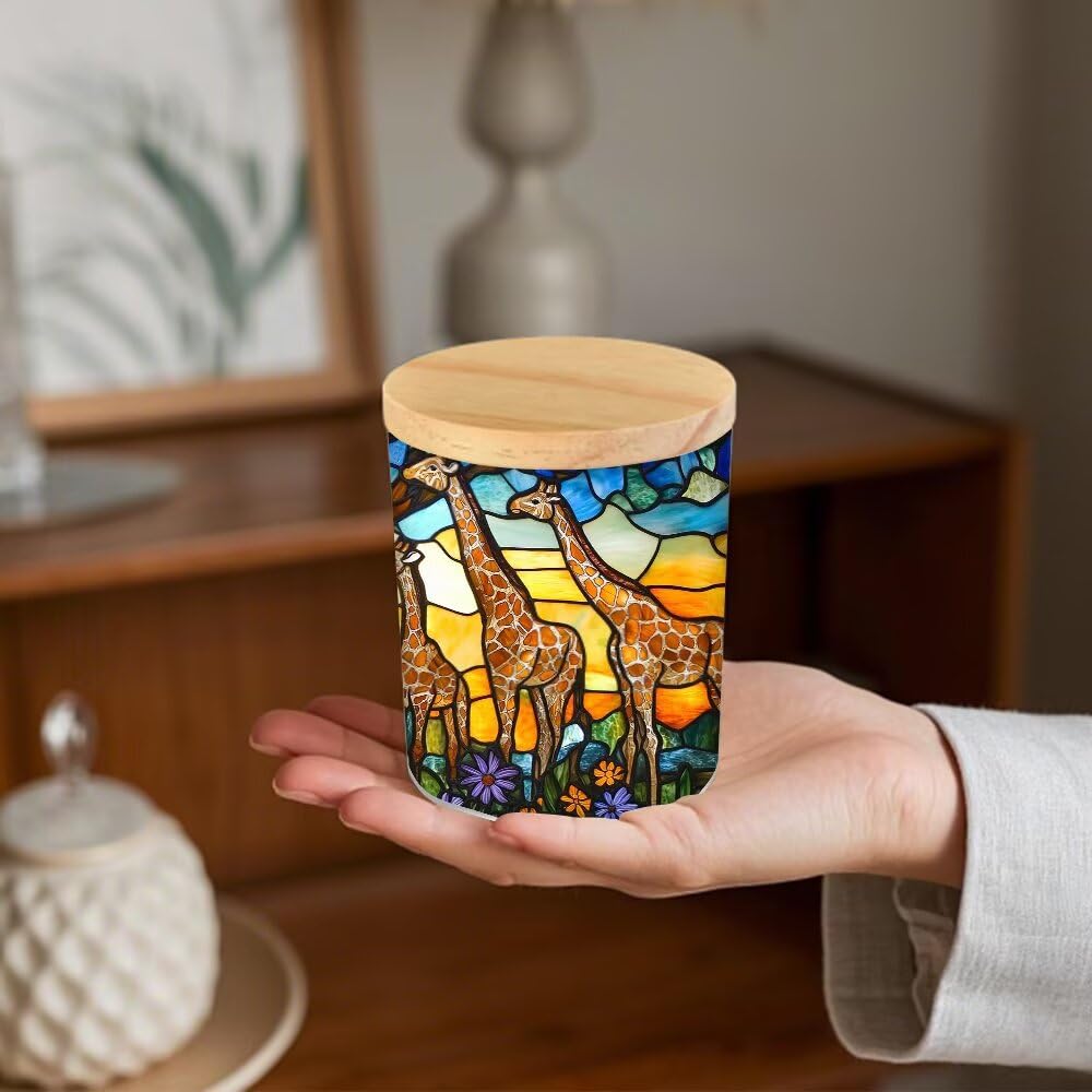 Stained Glass Giraffes Tea Light Candle Holders, Wildflowers Tealight Candle Holder Jar with Wooden Lid, Tree Votive Candlesticks for Table Centerpieces, Christmas,Birthday Party,Home Decor