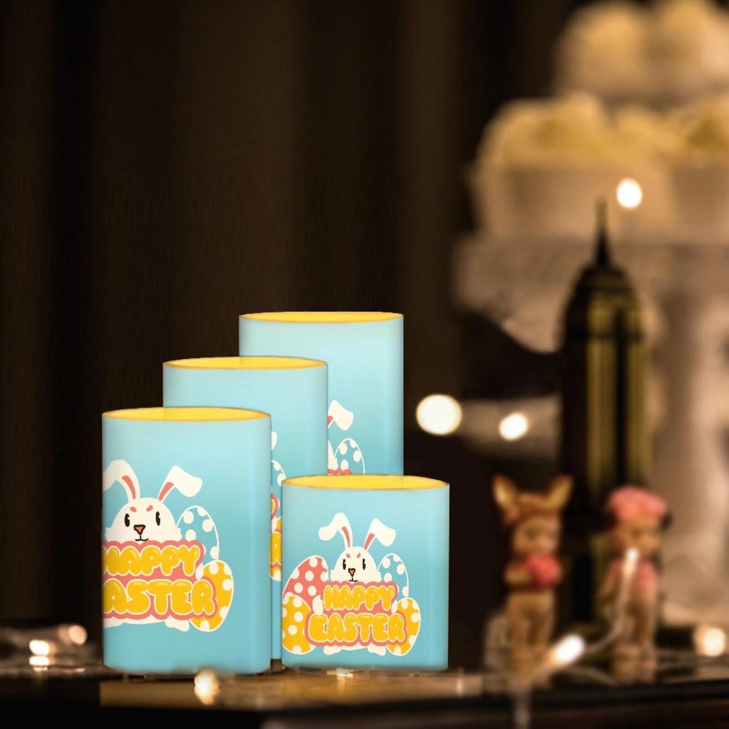 NETILGEN Happy Easter Day Flameless LED Candles Electric Candles with Remote Timer Control Long Lasting Pillar Candles for Home Decorations Pack of 4