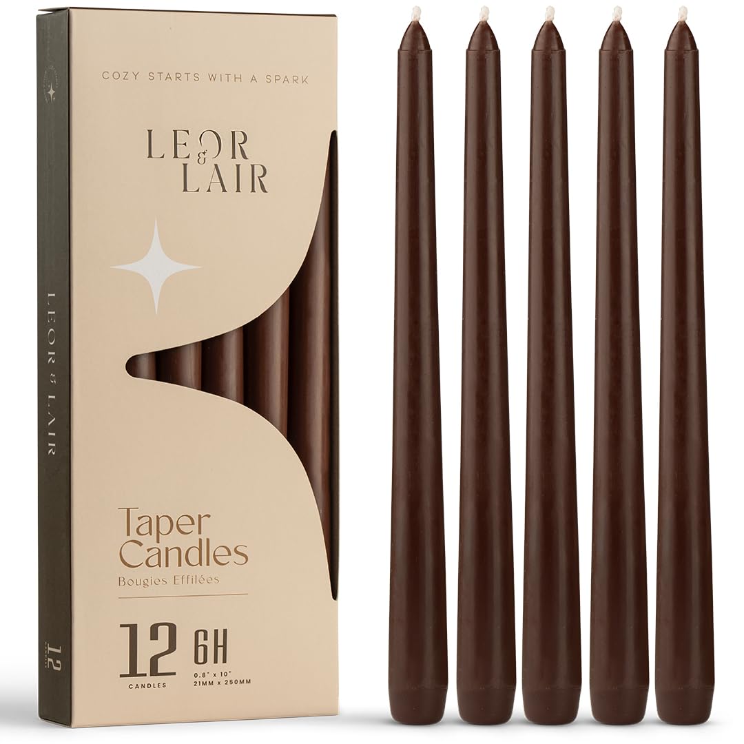 Leor & Lair Brown Taper Candles - 12 Pack 10" Brown Candlesticks - Unscented Long Burning Candle Sticks for Farmhouse Decor, Dinner Table, Holidays, Fall Weddings & Events