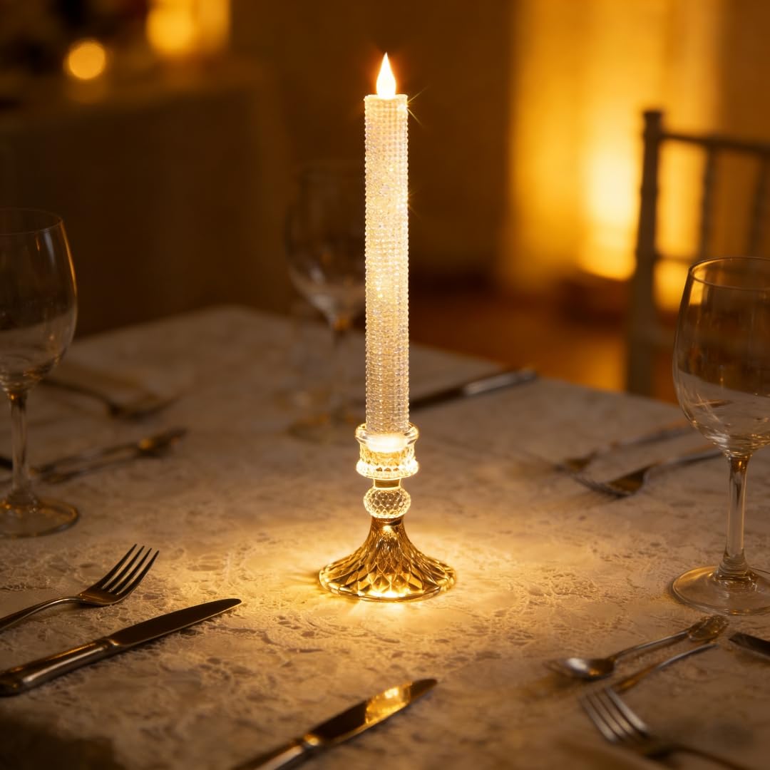 MISSTIME Flameless Taper Candles with Illuminated Glass Candle Holder, Remote Timer 2AA Battery Operated for Thanksgiving/Xmas Decor, Wedding Centerpiece (Crystallized-Brilliant, 6 Pack)