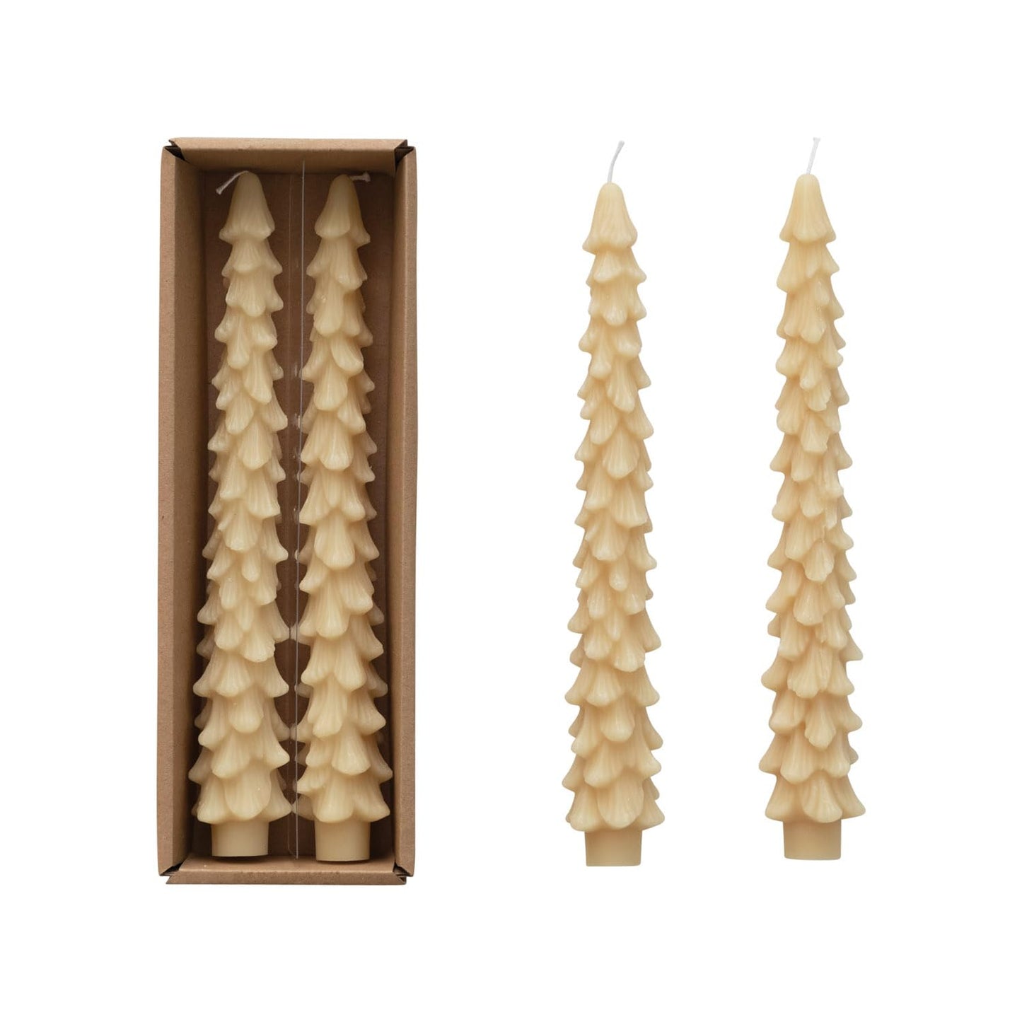 Creative Co-Op Unscented Tree Shaped Taper Candles, Eggnog Beige, Boxed Set Of 2