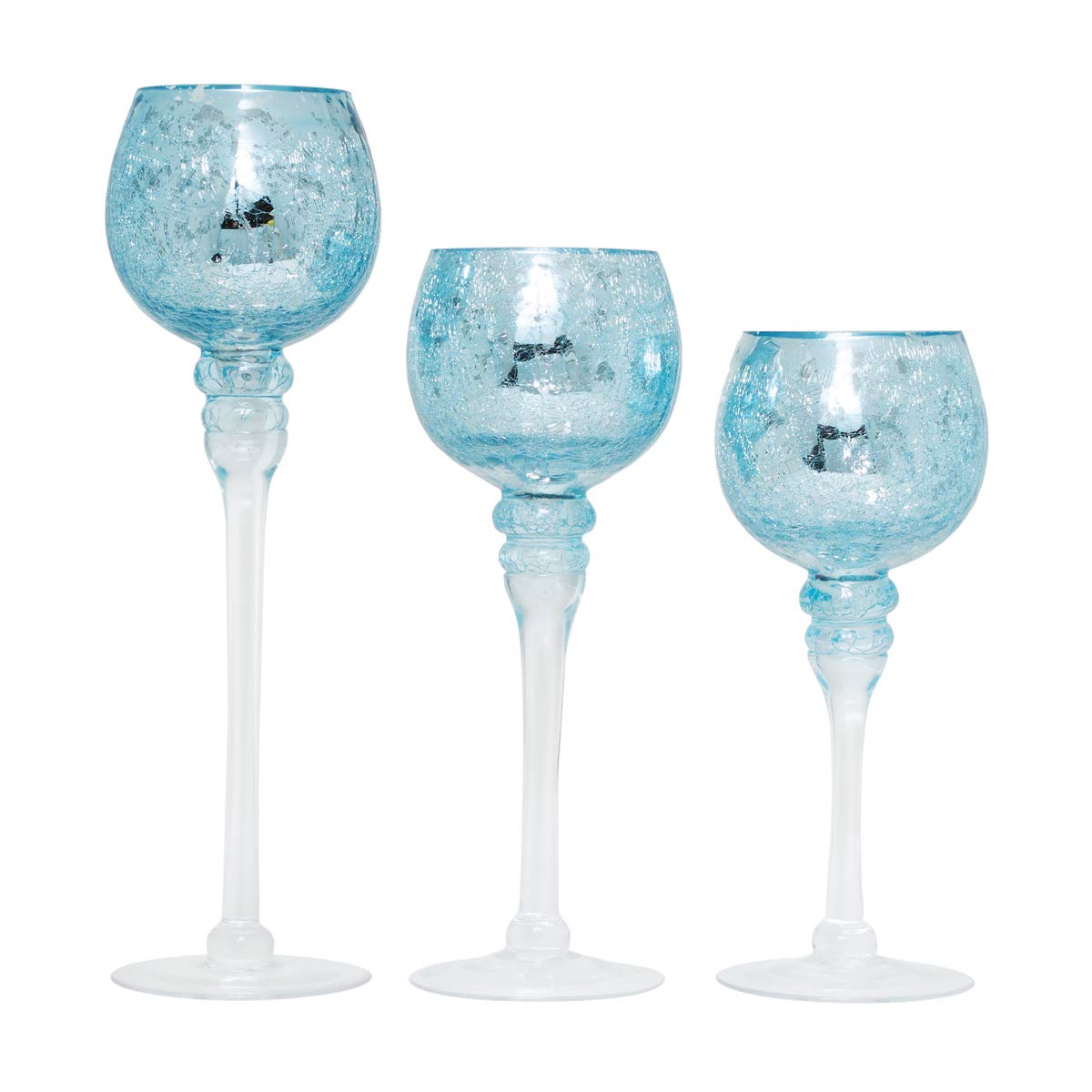 Hosley Elevate Ambiance with Set of 3 Crackle Blue Glass Tealight Holders 12 Inch, 10 Inch, 9 Inch Stylish Home Decor for Unique Candle Displays