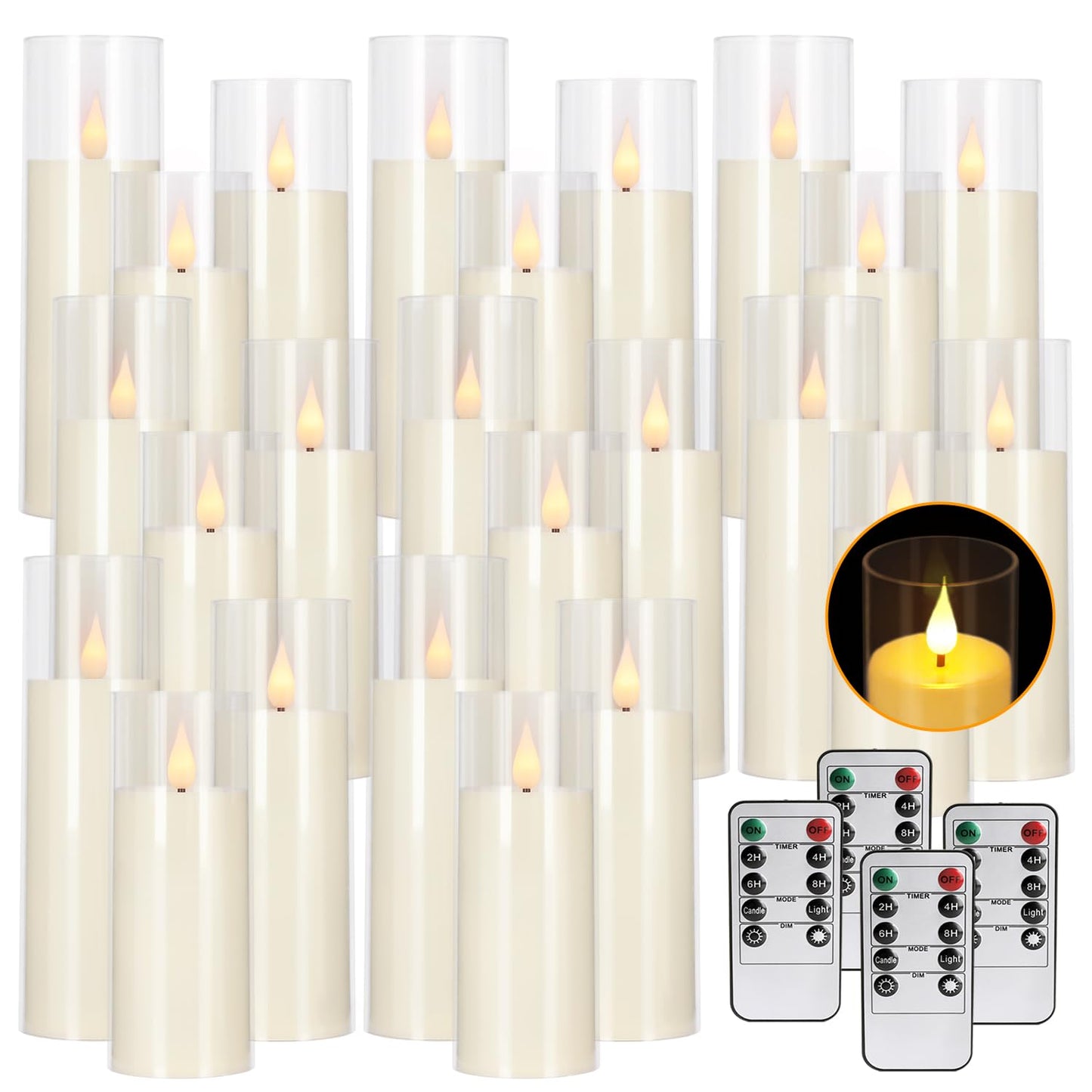 CAKETYCG 24-Pack LED Flameless Candles(14/16/18cm) with 4 Timers Remote - 3D Flickering Flame, Clear, Perfect Decor for Home & Events.