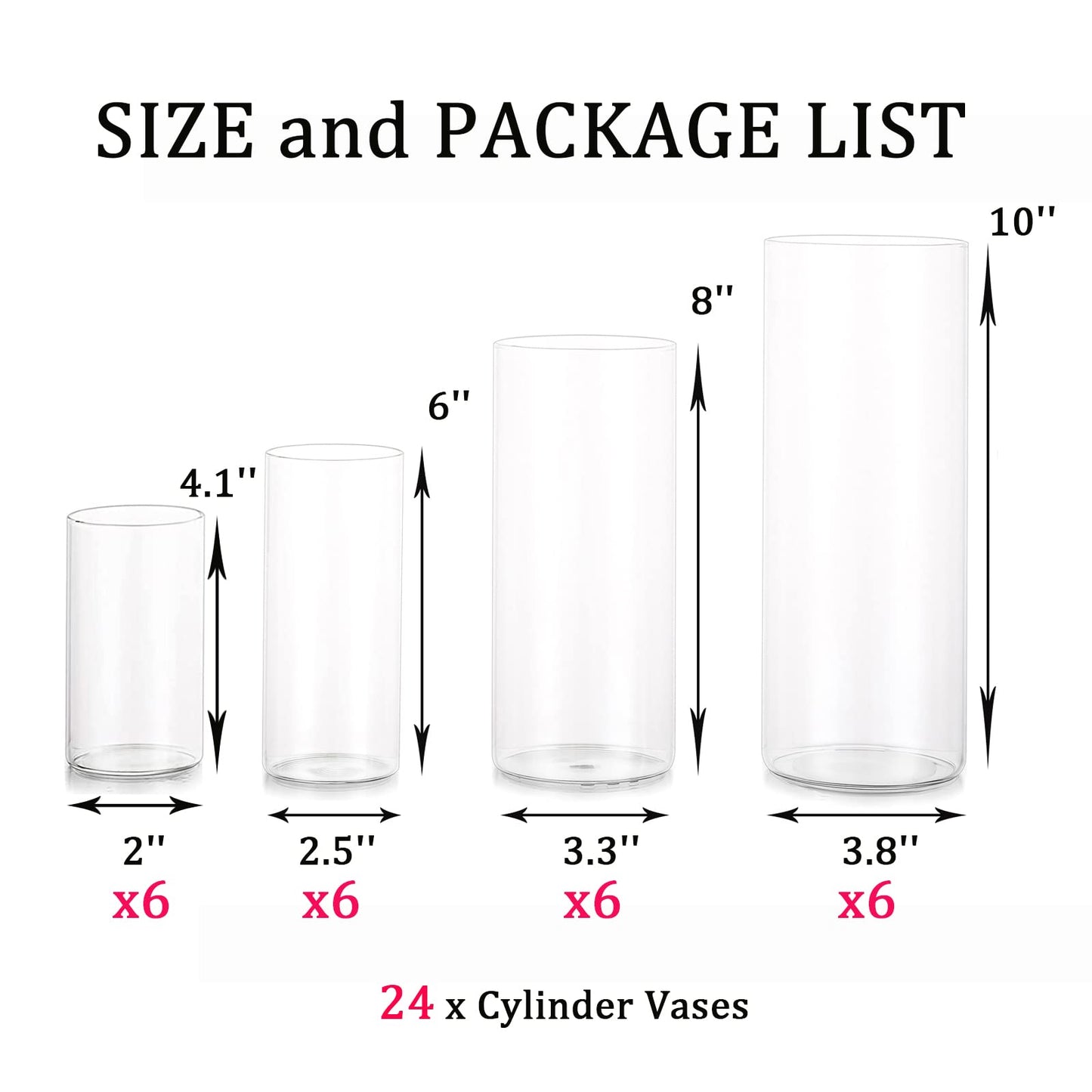 Glass Hurricane Candle Holder Esmiome - Cylinder Vases for Centerpieces 6 Sets (24Pcs) Hurricane Floating Candle Holder, Glass Vases for Flowers, Decorative for Home Wedding, 4''+6''+8'+10''(High)