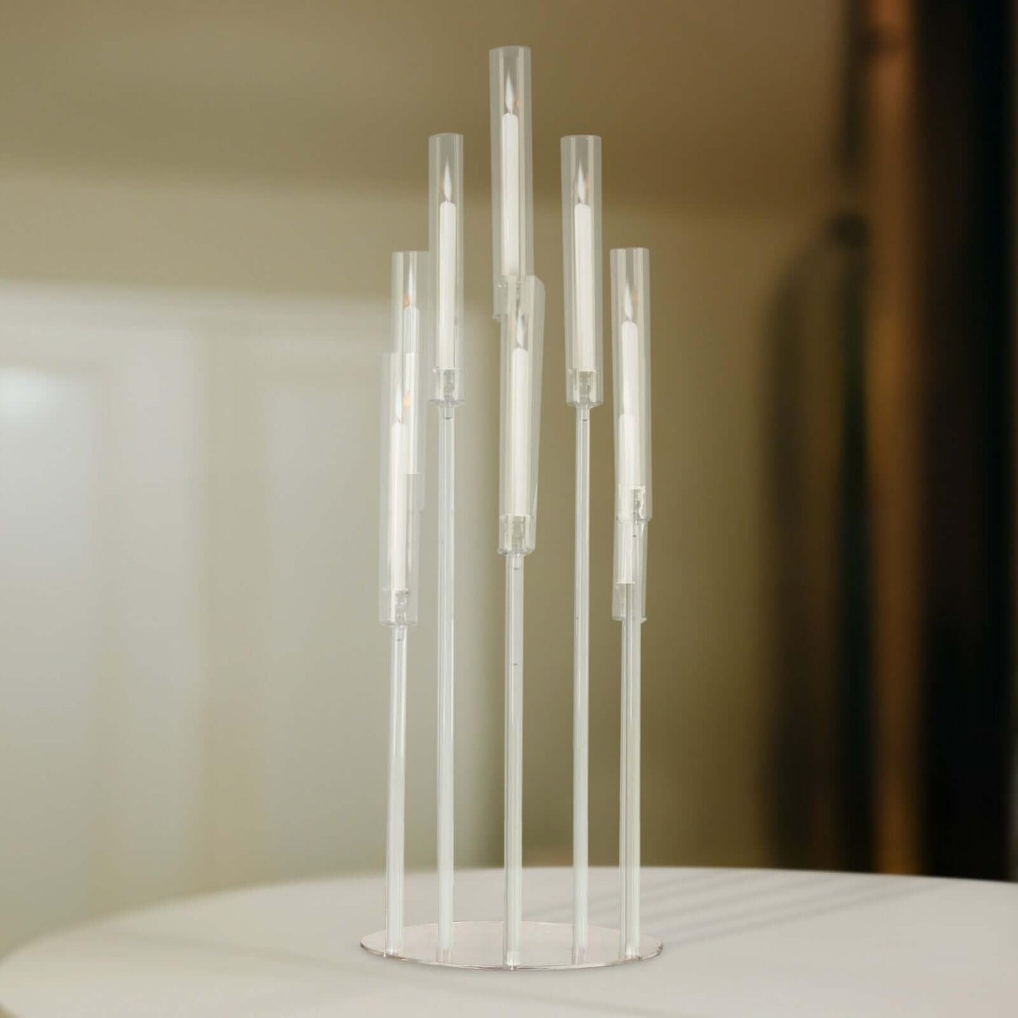Efavormart 10 Arm Clear Acrylic Cluster Round Taper Candle Holder Candelabra, Pillar Candle Stick Stand with Circular Base - 47" Tall