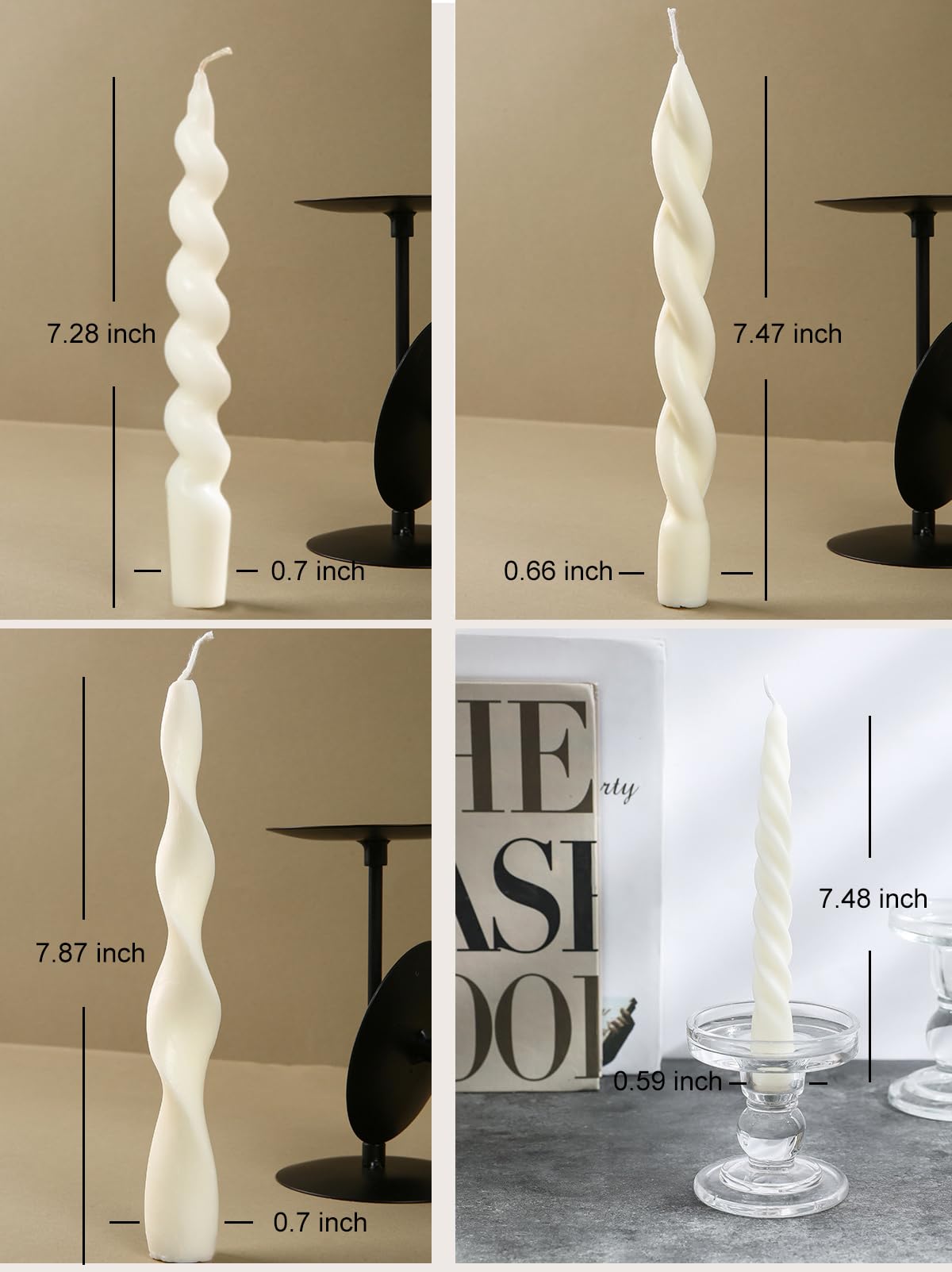 4 Pcs White Taper Candles 7.87 Inch, Unique Spiral Wave Twisted Ribbed Dinner Candlesticks, Smokeless Candle Sticks for Christmas, Valentines Day, Wedding, Party and Holiday Home Decor