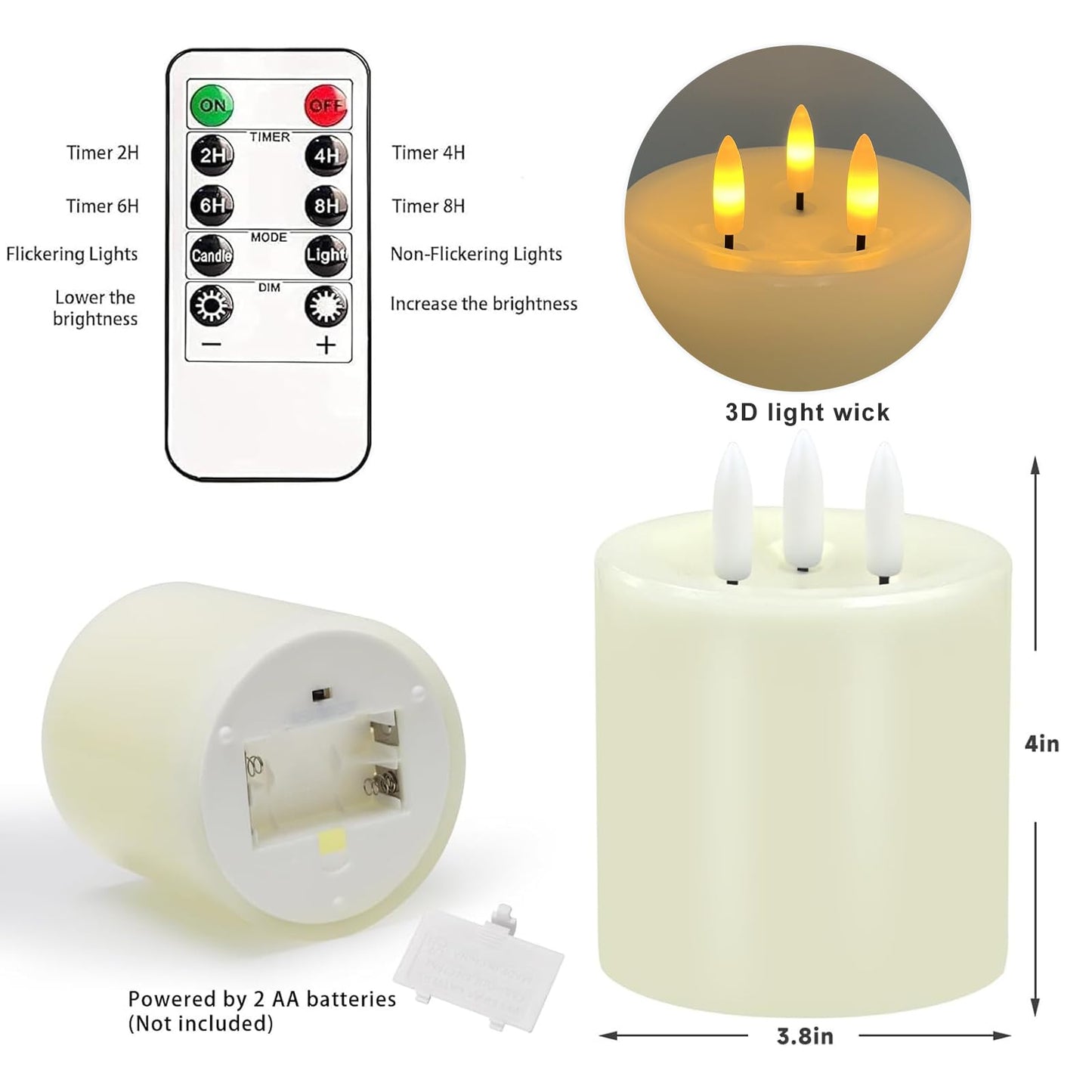 Large 3 Wick Flameless Candles, 4"x4" Flickering Flameless Candles with Remote & Timer, Dimmable Real Wax LED Candles Battery Operated, Electric Pillar Candles for Home Wedding Christmas Decor (Lvory)