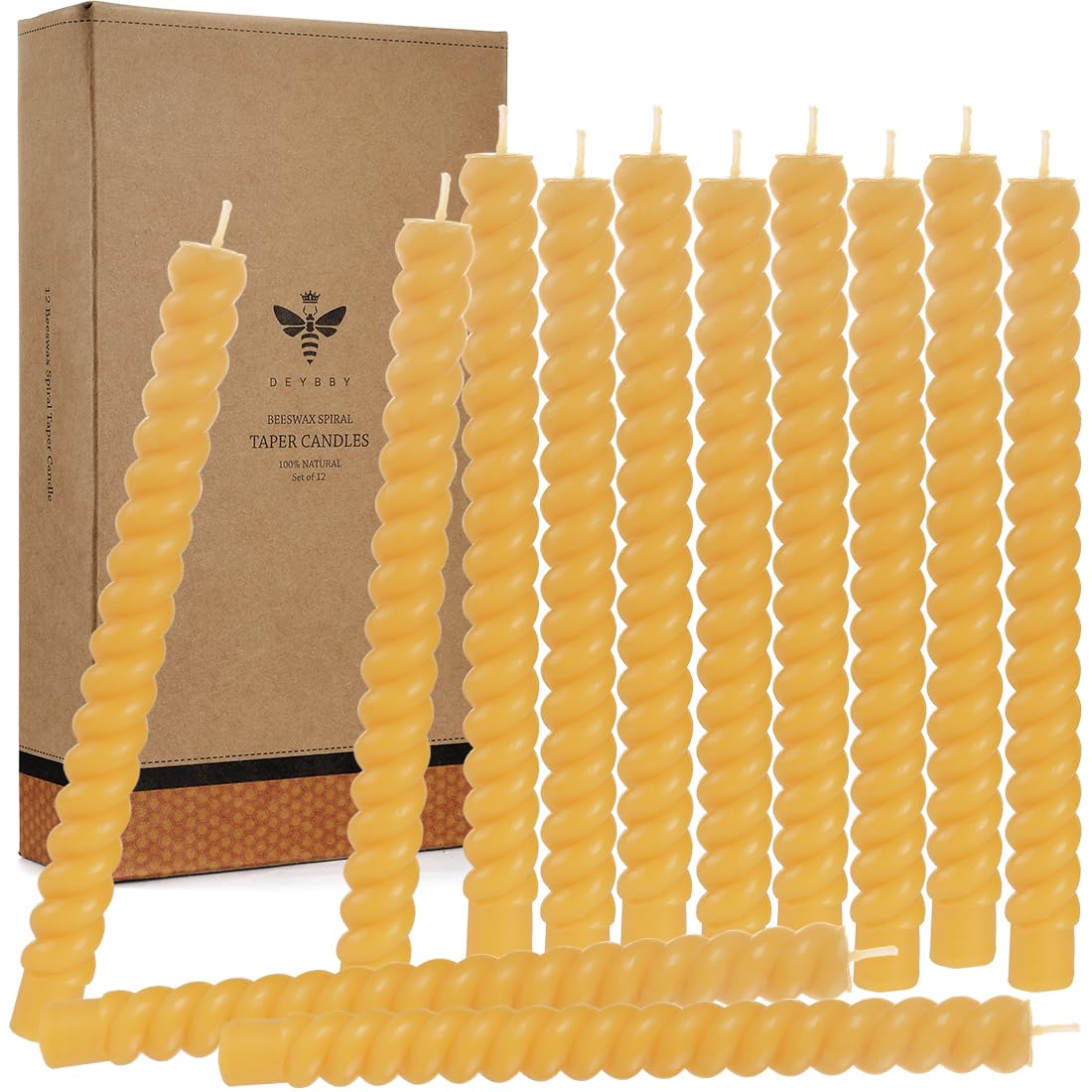 DEYBBY Natural Beeswax Spiral Candles, Dripless and Smokless 10 inch Pure Beeswax Candles Set of 12, Long Lasting Burning Candles for Anniversary Date Dinner Decor
