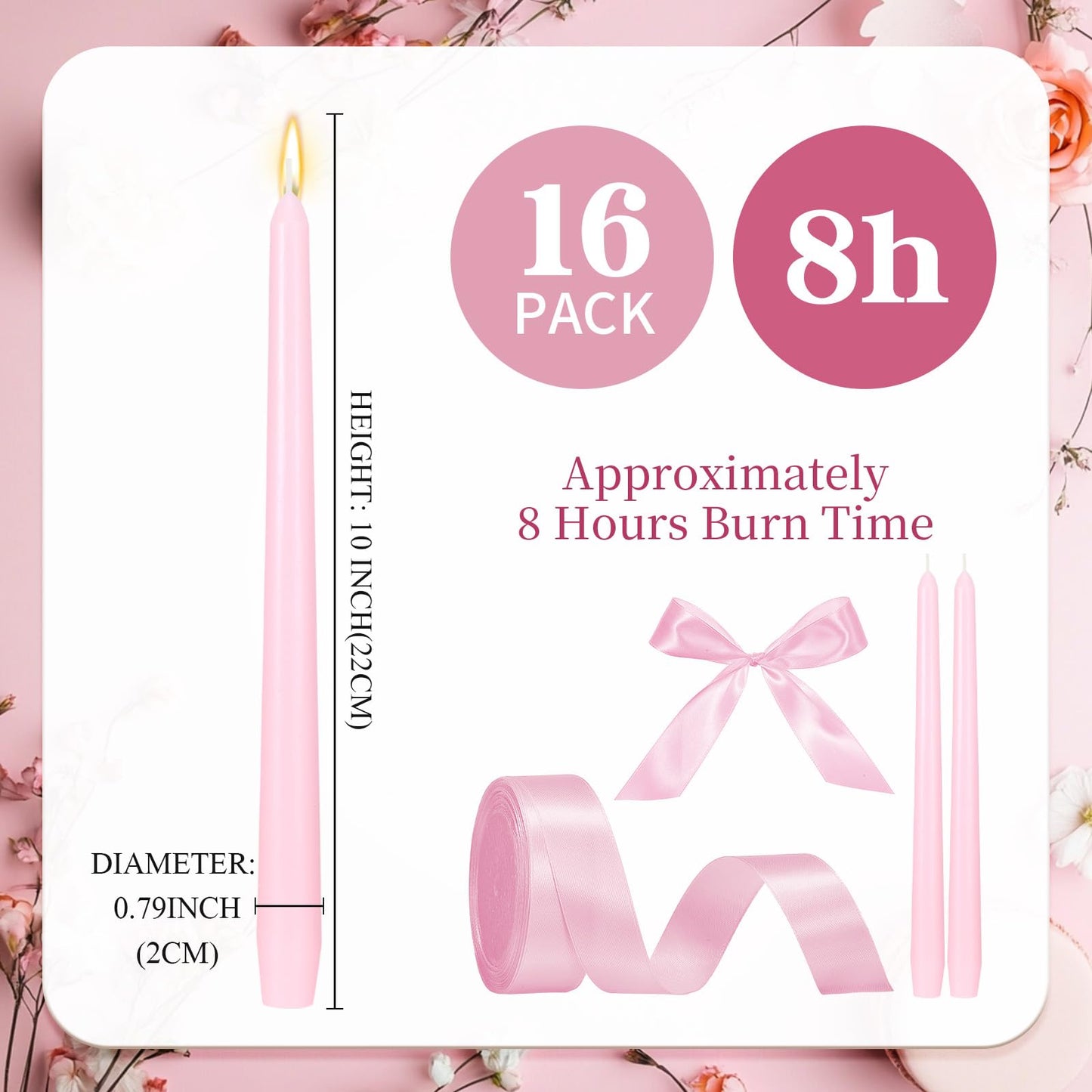 MTLEE 24 Pcs Taper Candles Bow Candle with 72 Ft Ribbons Bows Unscented and Smokeless 0.87 x 10 Inch Tall Candlesticks with Cotton Wick Long Burning for Wedding Dinner Coquette Holiday Party(Pink)