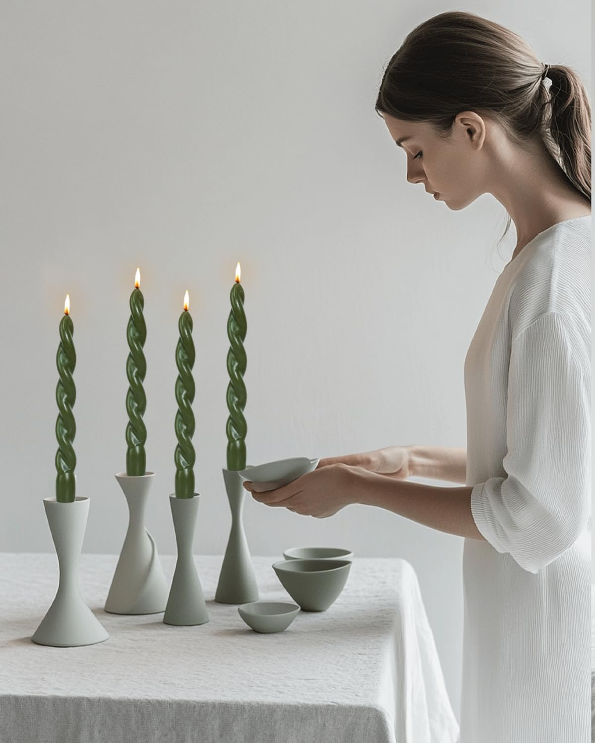 Olive Green Spiral Taper Candle Twisted Candlesticks Unscented Smokeless for Holiday Dinner Party Christmas Decorations-7.5inch-4pack