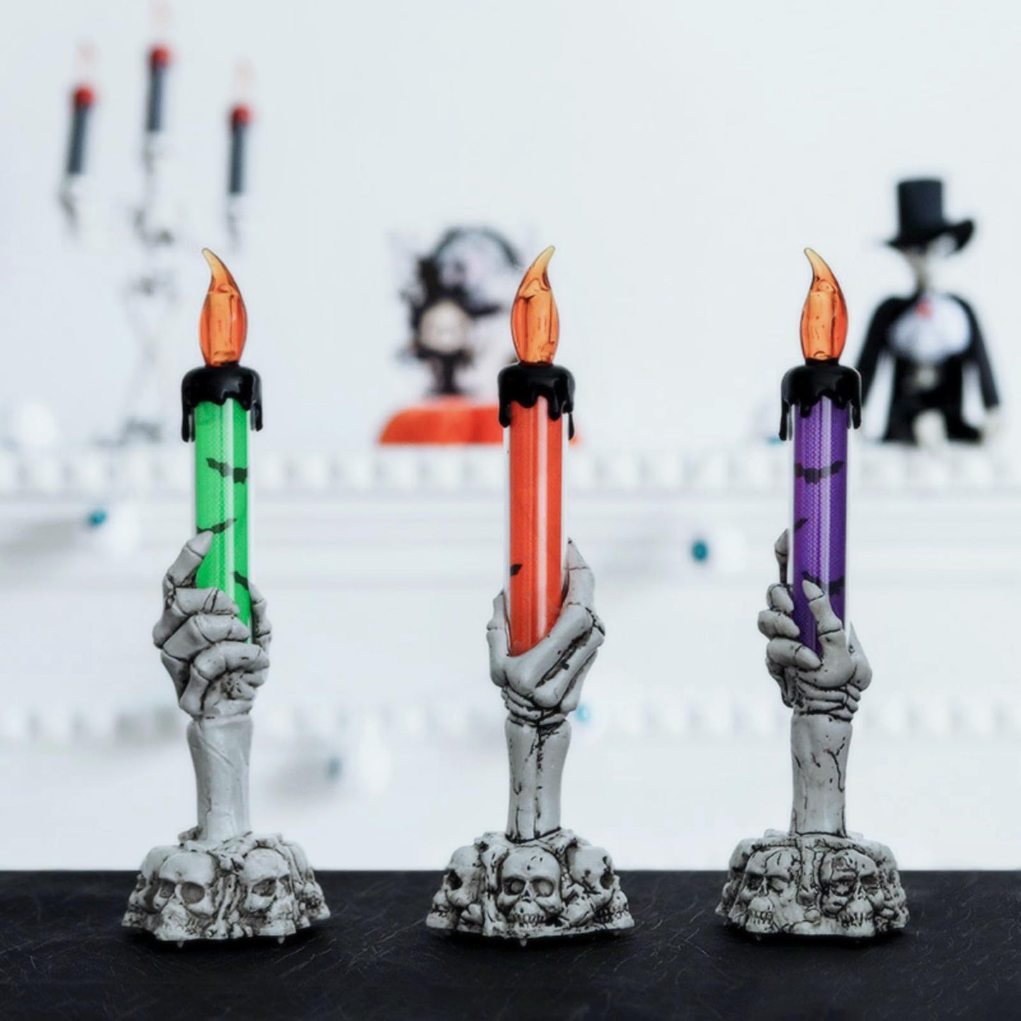 YBB 3 Pack Halloween Skeleton Hand Candle Holder Light, Skull Flameless Taper Candle Lamp for Halloween Party Table Centerpiece Spooky Decoration (Green, Orange, Purple)