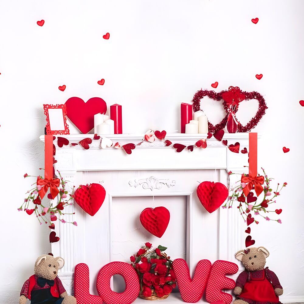 2 Pcs 10" Mini Valentine Candle Rings Wreath for Front Door Small Valentine's Day Red Heart Berry with Forsythia Flowers Decor for Kitchen Cabinet Porch Wall Window Chai (Pink)