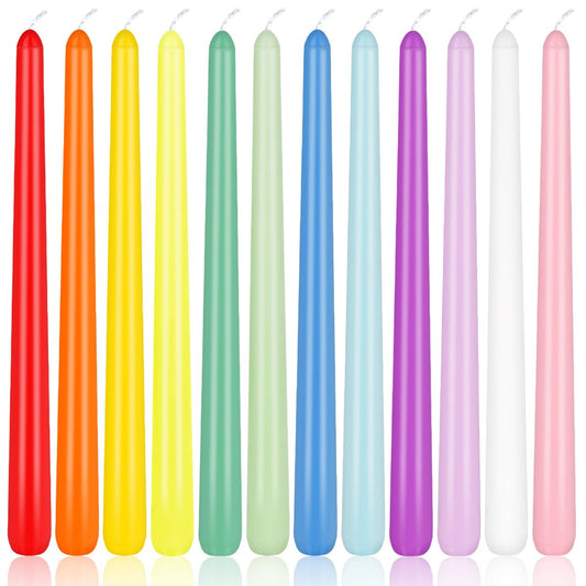 10 Inch Colored Taper Candles for Religious and Spiritual Settings, 12 Pack Unscented Candlesticks for Holiday, Seasonal Celebration and Home Decoration