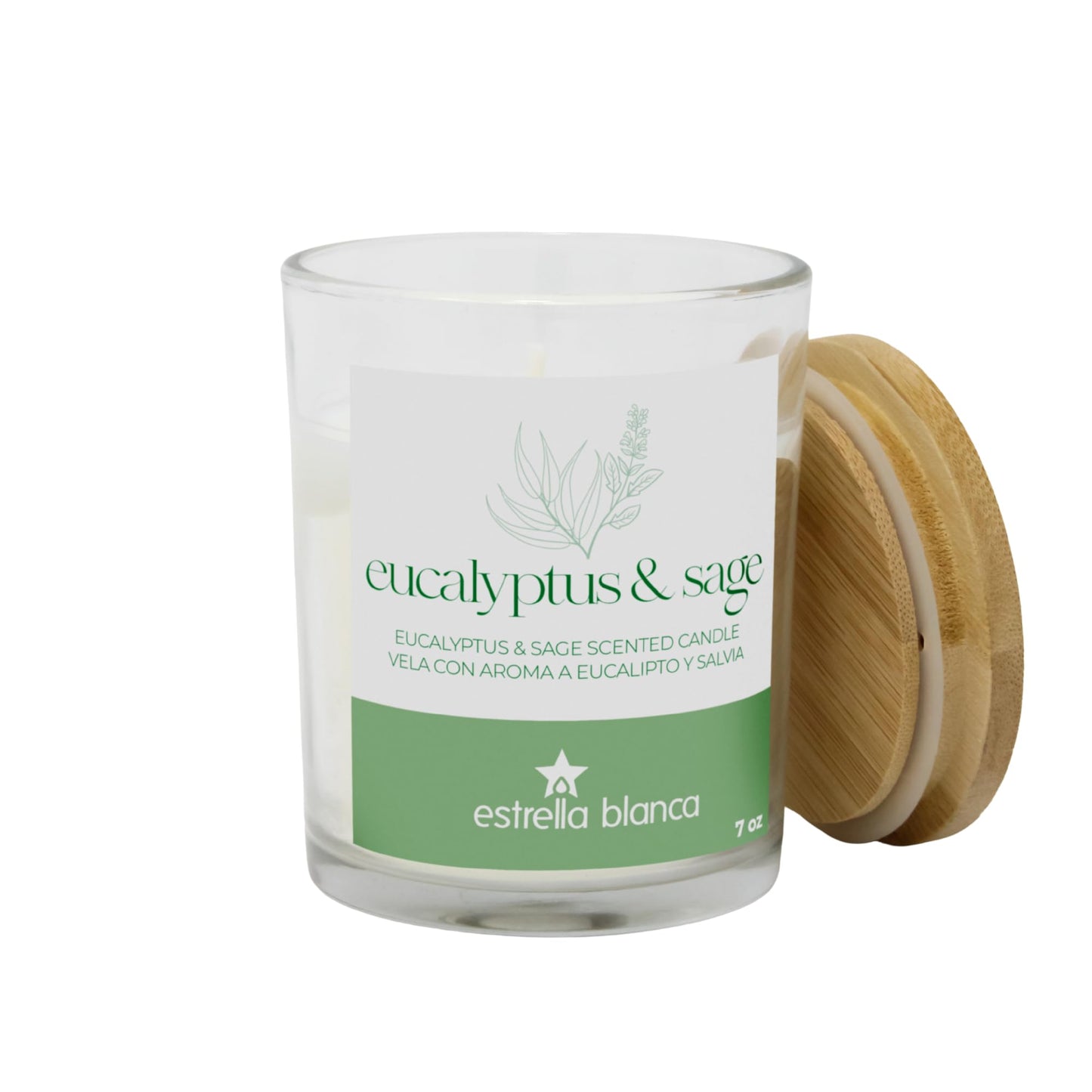 Estrella Blanca 7oz Eucalyptus and Sage Scented Candle, Candles for Home Scented, Soy Blend Wax Candle, Gift for Women Men, Long Burning Candle