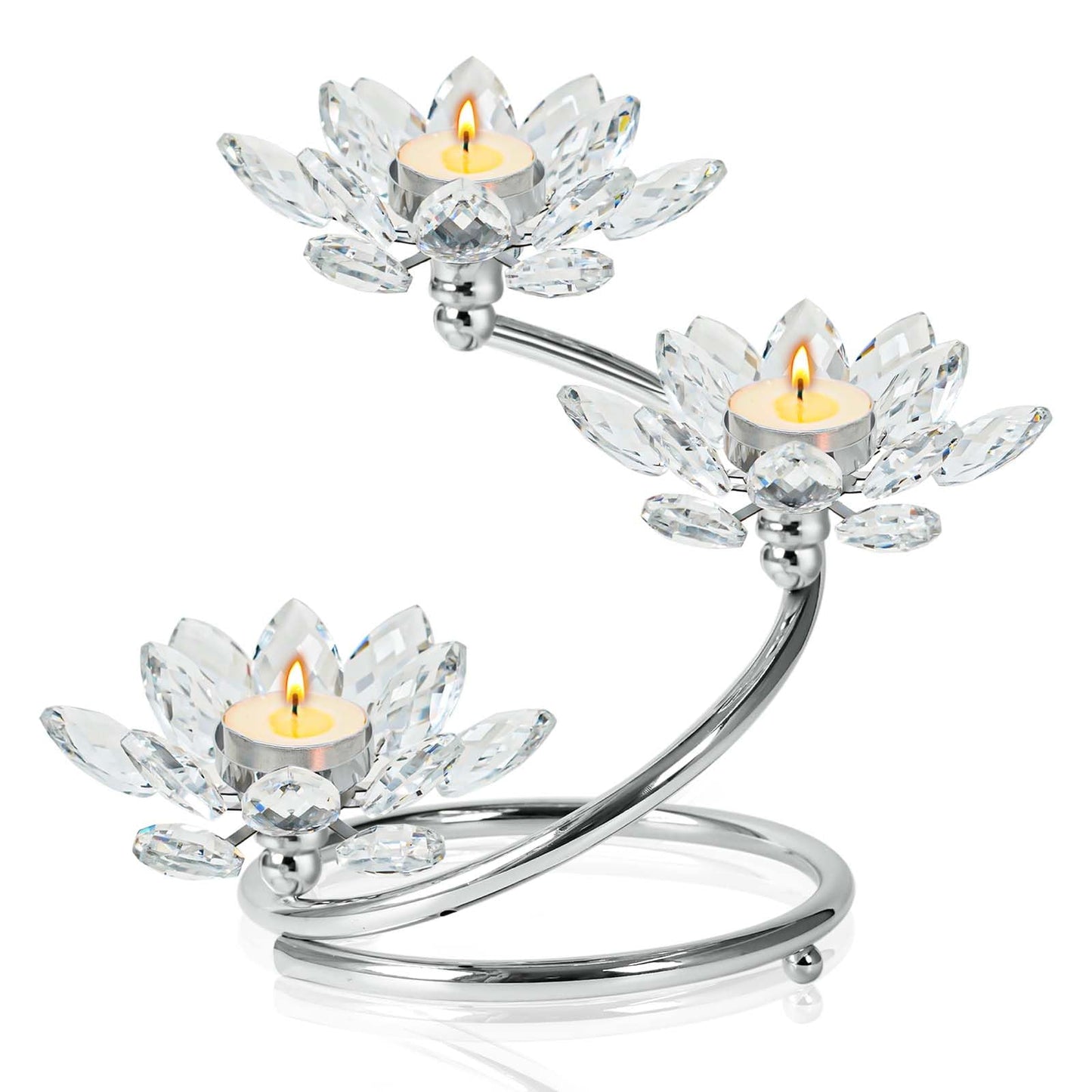 Kehail Silver 1 Pc Crystal Flower Shaped Candle Holder Set, 3-Arm Metal Votive Tea Light Candlestick for Table Centerpiece, Home Wedding Party Anniversary Decor