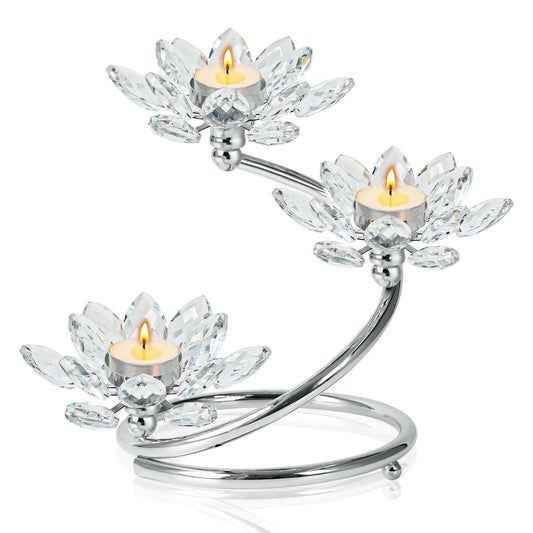 Kehail Silver 1 Pc Crystal Flower Shaped Candle Holder Set, 3-Arm Metal Votive Tea Light Candlestick for Table Centerpiece, Home Wedding Party Anniversary Decor
