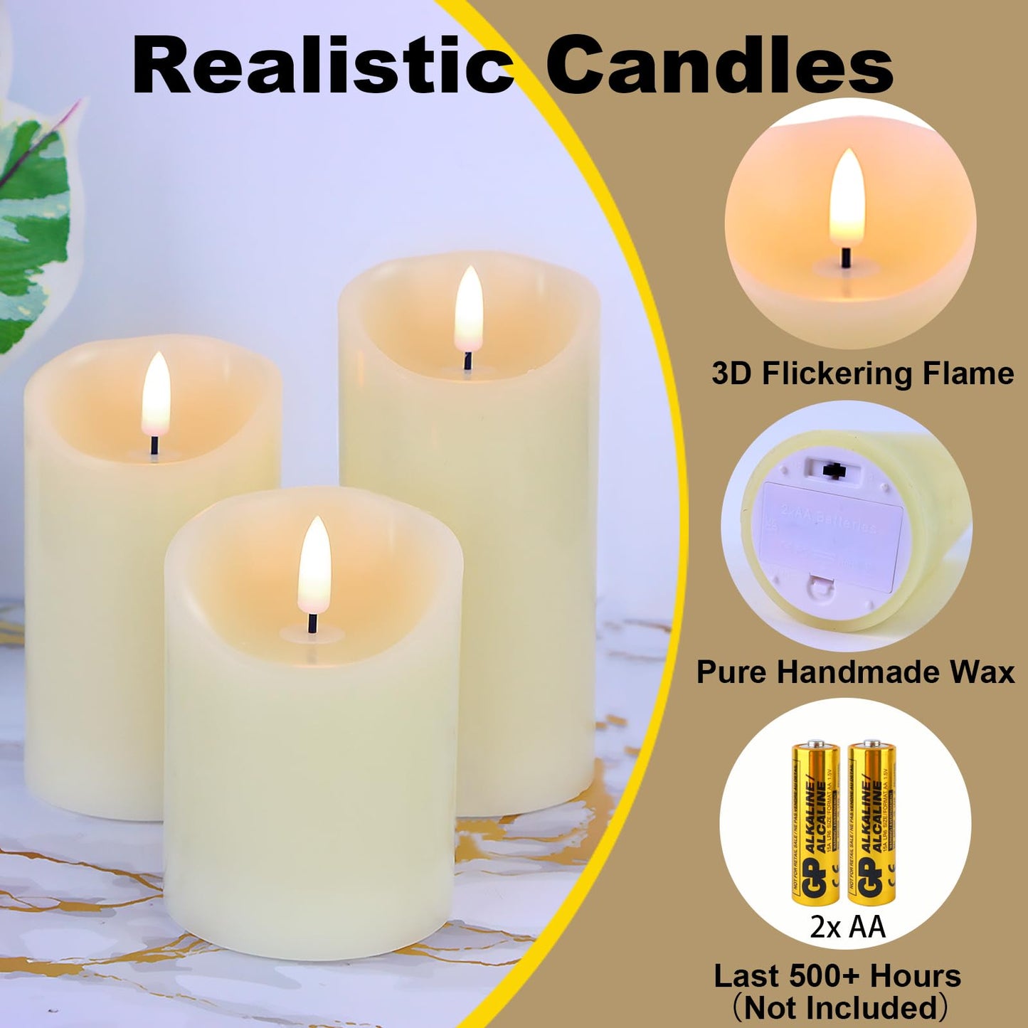 Warmhere Flameless Candles Battery Operated with Remote Timer, 3D Flame Flickering, Last 500+ Hours Battery Candles, Ivory Real Wax LED Pillar Candle for Wedding Home Christmas Decorations, Set of 3