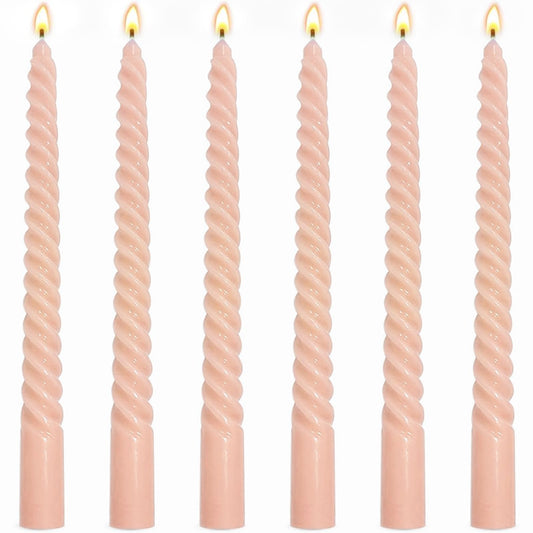 6 Pack 10 Inch Peach Spiral Taper Candles for Holiday Home Decoration, Unscented Dripless Twisted Candlesticks for Dinner Party Wedding Valentine's Day Baby Shower and Easter